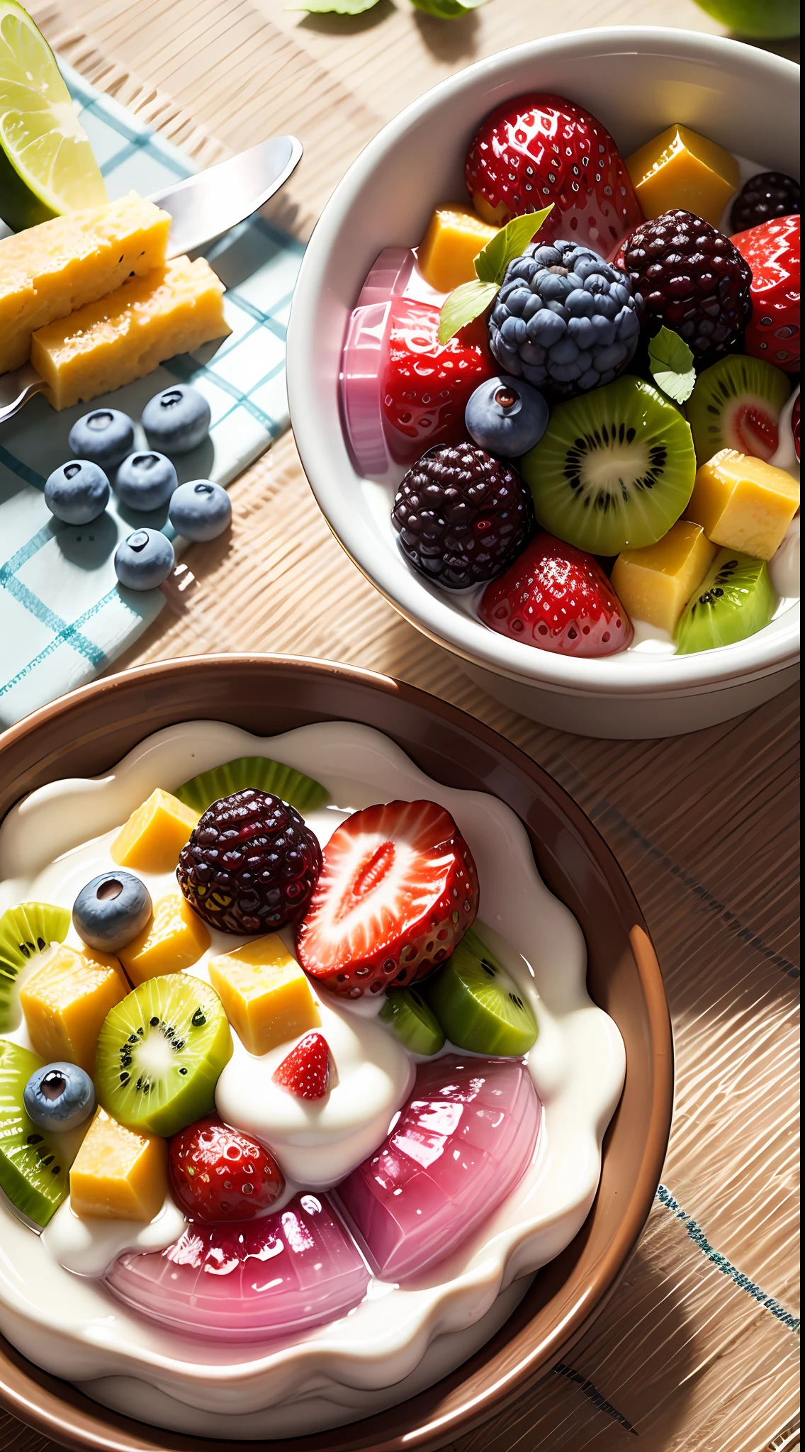 (((Multi-layered jelly))) glass, stained glass windows, Multi-colored highlights, tmasterpiece, Top Quality, Experience, Chic, Boho-chic, a gold, utensil, kettle, a cup, plate, crystals, with floral print, 2 tablespoons chia seeds 1 cup milk (can be cow's milk, vegetable milk or yogurt) 1 teaspoon vanilla extract of your choice (optional) Chopped fresh fruits (For example, strawberries, kiwi, mango, blueberries, etc.) Marengo, cookies, for topping --auto --s2