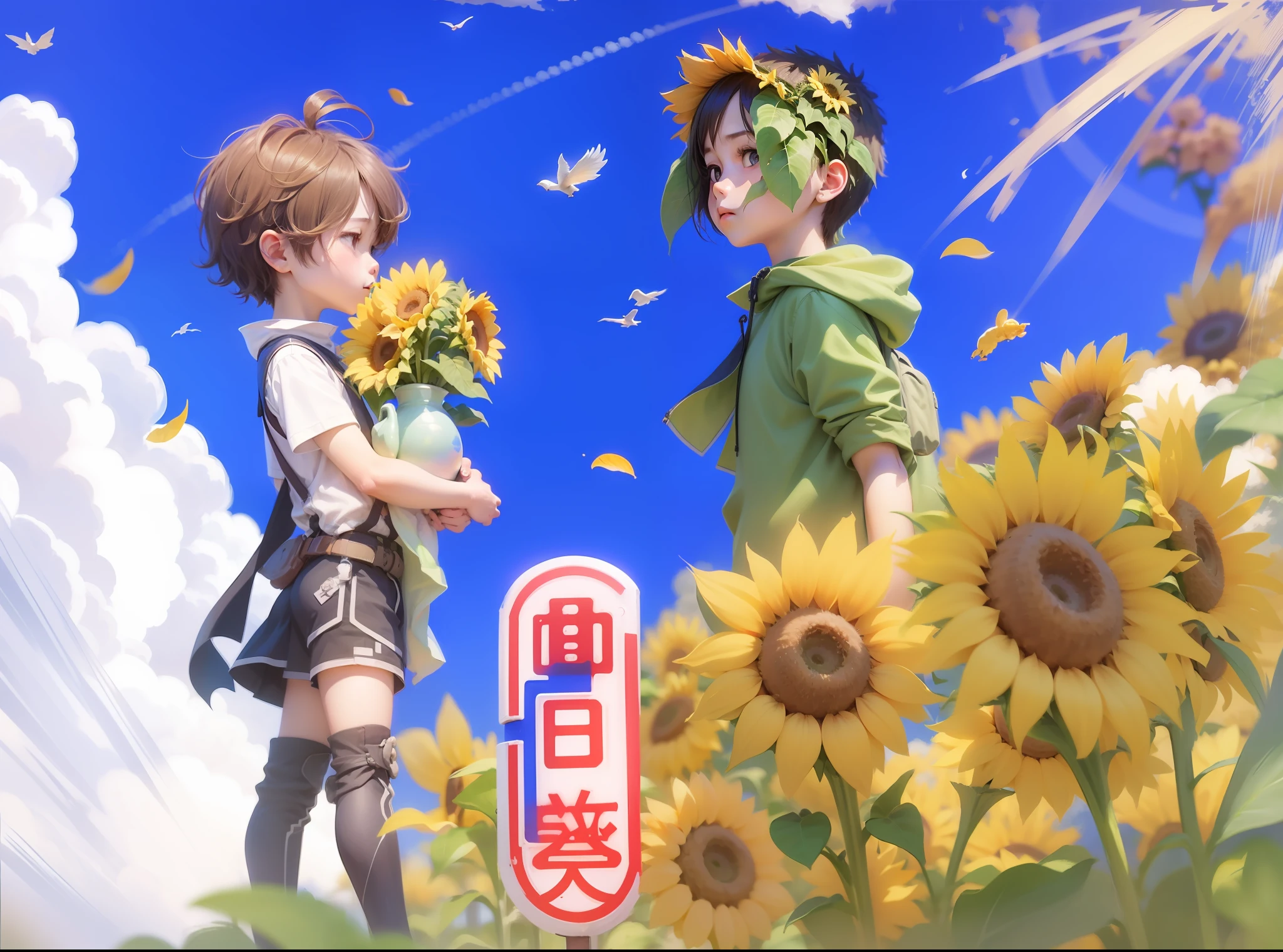 Sunflower and two boys illuminated by the sun。with blue sky and white clouds