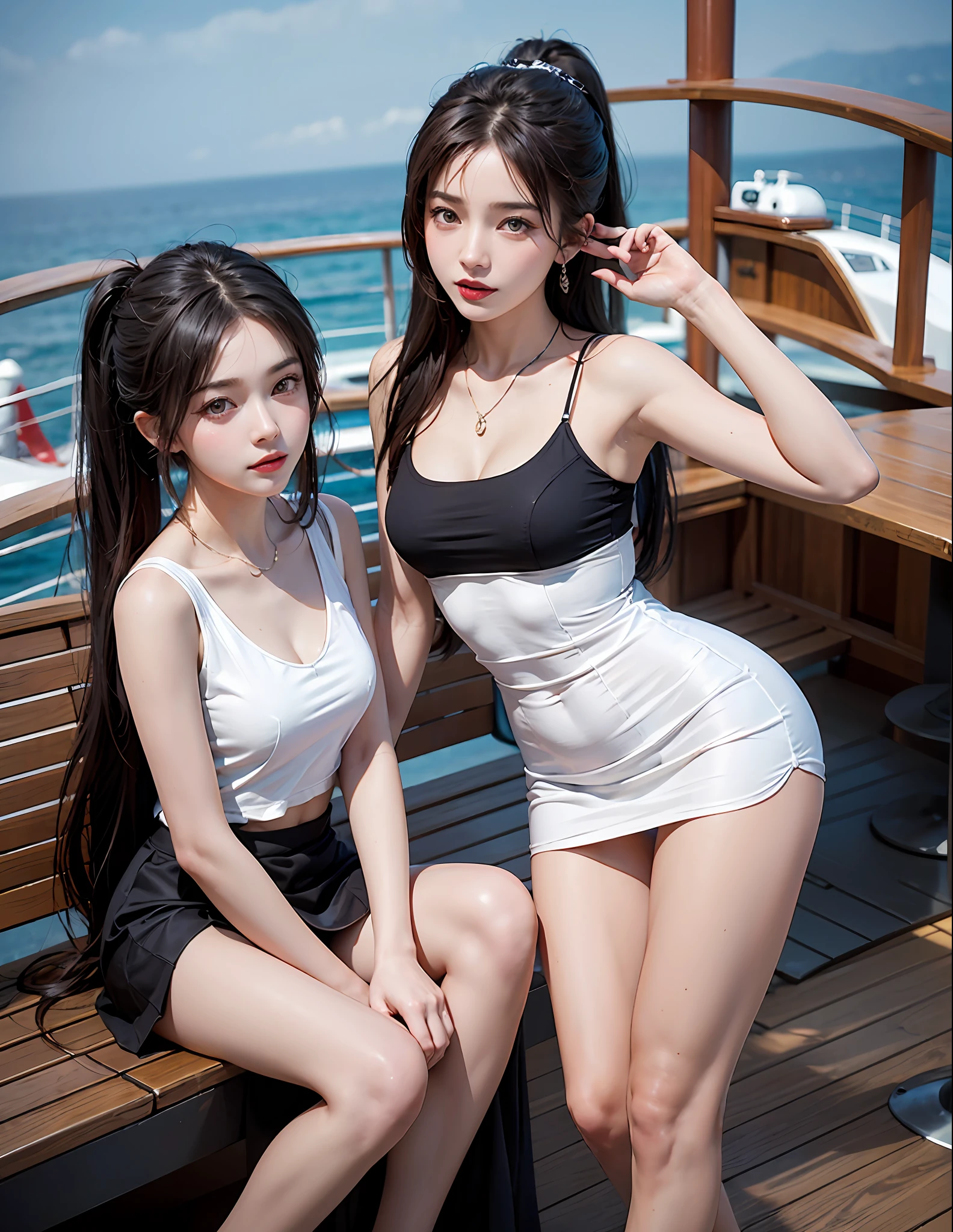 On the deck of a luxury cruise ship，mast，buoy，Pose for photos in loose sailor suits and short skirts，Slim girl model，ff Tifa，24-year-old female model twins，2 girls，double-ponytail，Unilateral bangs，