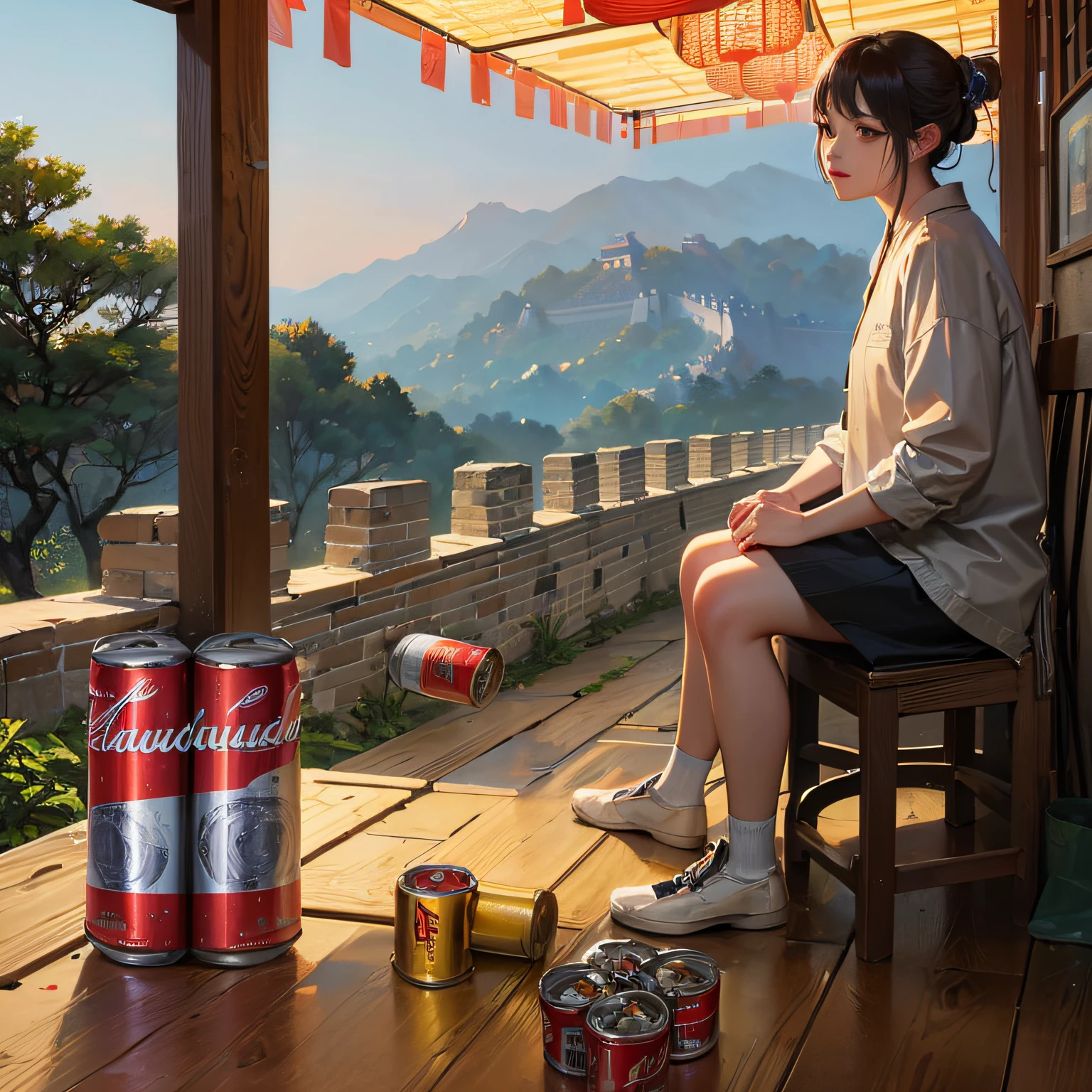 (Ultra-realistic image quality,HD texture)+(Cans,can of beer,Budweiser beer)+[Chinese painting style,Cultural implications,(The great wall in China:1.2)]。 --auto