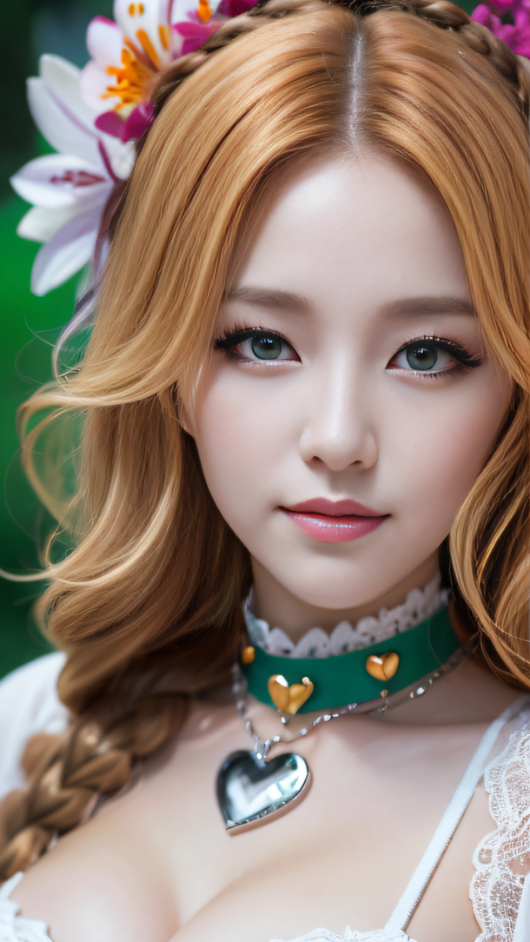 fantasy-theme, {{depth of field}}, fog, nightmare, aurora, lily), //pale skin//, floating heart, //green eyes//, nose, lip, smile, closed mouth, //orange hair, long wavy hair, braid//, large breasts, choker, robe, chain, hand_up, looking at viewer, close-up,