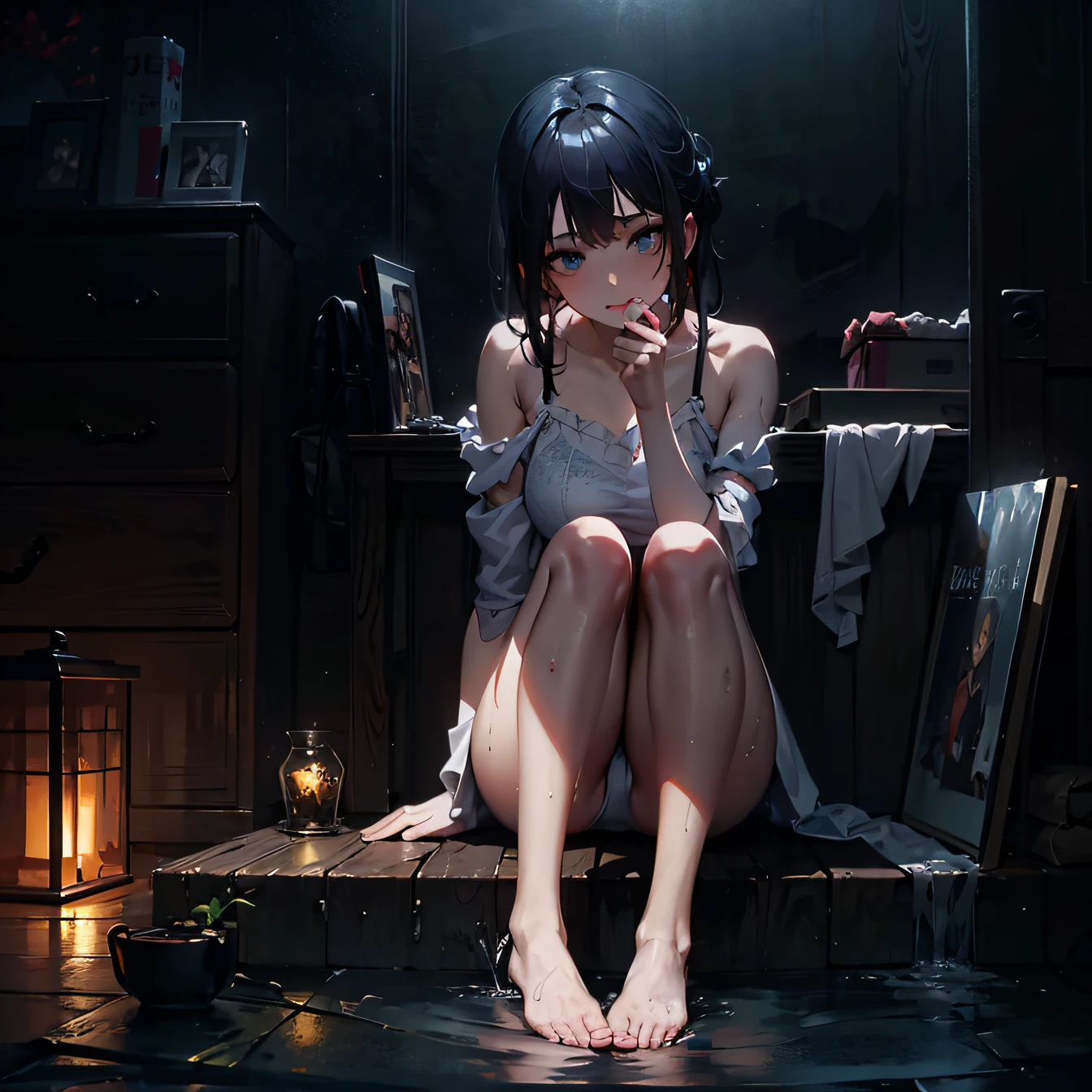 Anime girl sitting on wooden platform in dark room, guweiz on artstation pixiv, artwork in the style of guweiz, guweiz on pixiv artstation, 4k anime wallpaper, Anime art wallpaper 8k, guweiz, anime art wallpaper 4k, anime art wallpaper 4k, Anime girl squats and opens her legs wide