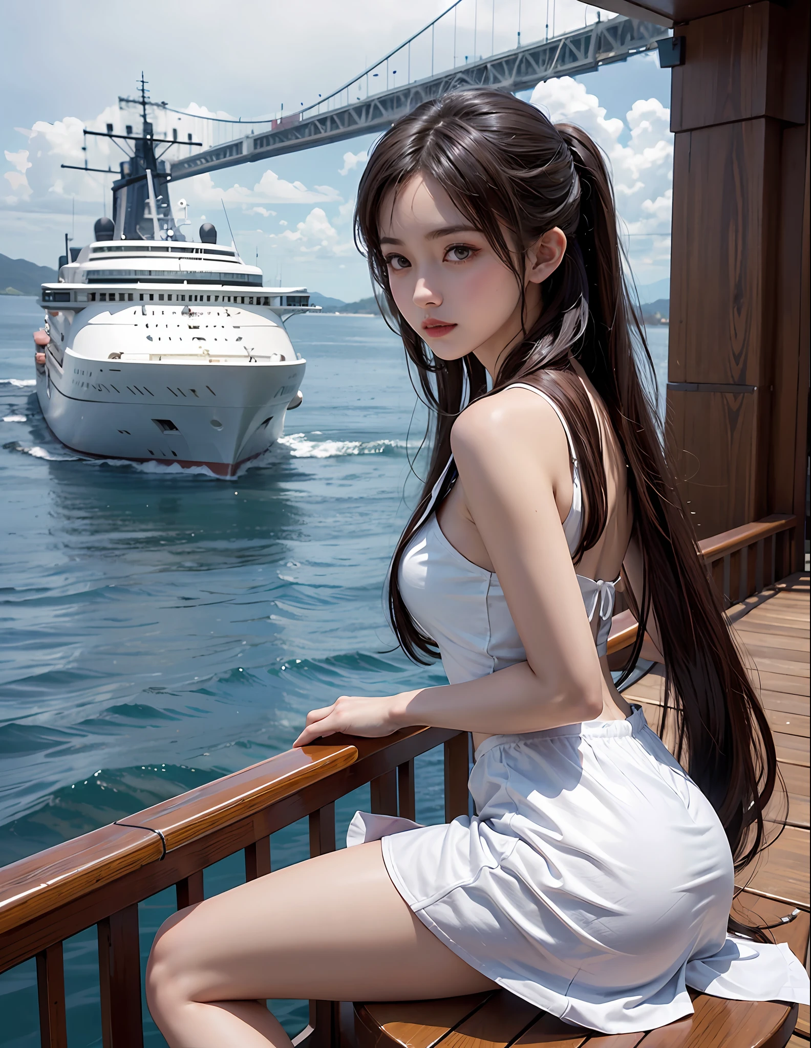 On the deck of a luxury cruise ship，mast，buoy，Pose for photos in loose sailor suits and short skirts，Slim girl model，ff Tifa，24-year-old female model twins，2 girls，double-ponytail，Unilateral bangs，