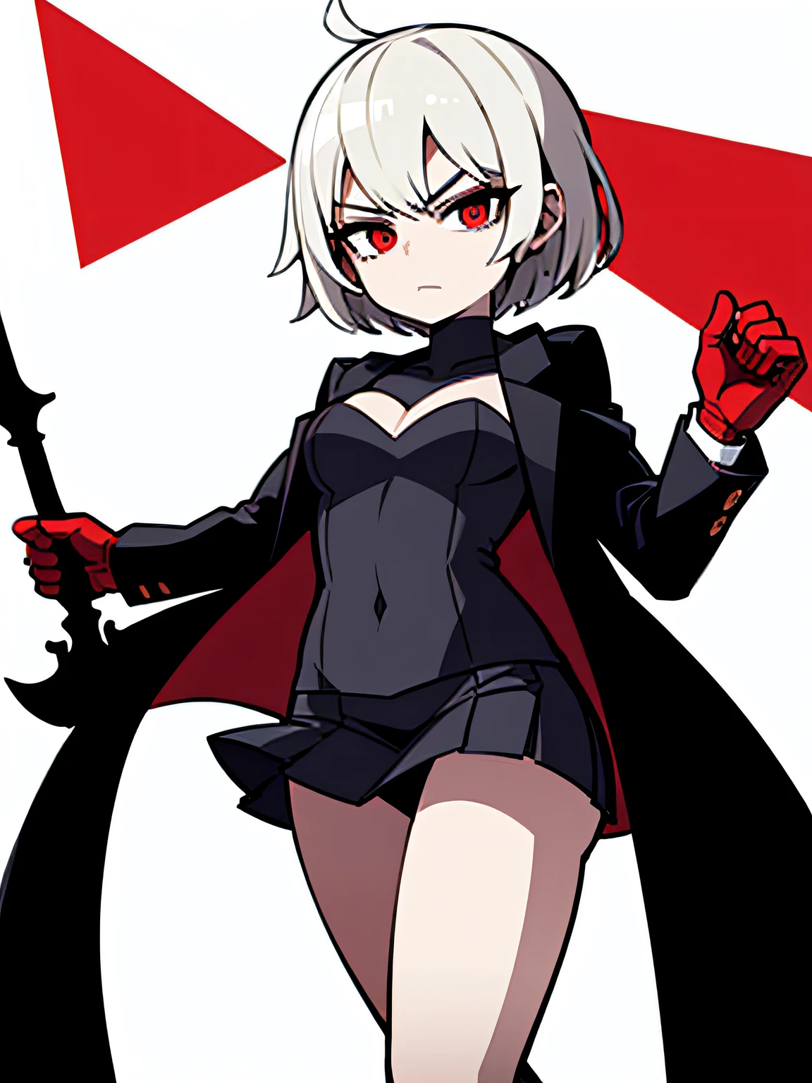 ((blacksuit), (Red lining),(short skirt)), standing on your feet, White background,