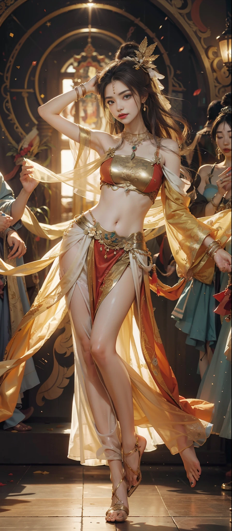Dunhuang style, 1girle, shoulders, navel, flying fairy, Dunhuang mural in background, dance, gray hair, lots of hair, very long hair, hair ornaments, ribbons, earrings, gold jewelry, hair bubbles, copper bells, red and gold clothes, flowers on the head, gradient eyes, smile, barefoot, no shoes, full body portrait, surrealism, high detail, romanticism, film lighting, glitter, reflected light, masterpiece, super detail, textured skin, anatomically correct, high detail, best quality, High quality, award-winning, 8K
