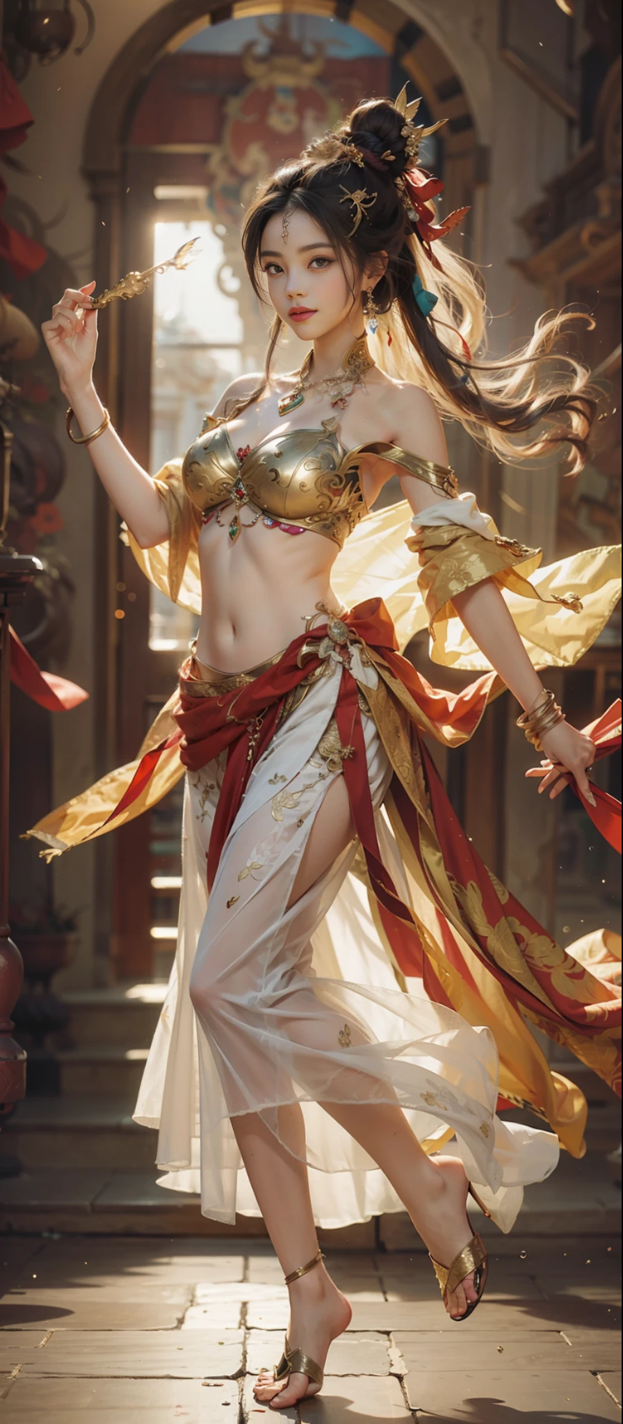 Dunhuang style, 1girle, shoulders, navel, flying fairy, Dunhuang mural in background, dance, gray hair, lots of hair, very long hair, hair ornaments, ribbons, earrings, gold jewelry, hair bubbles, copper bells, red and gold clothes, flowers on the head, gradient eyes, smile, barefoot, no shoes, full body portrait, surrealism, high detail, romanticism, film lighting, glitter, reflected light, masterpiece, super detail, textured skin, anatomically correct, high detail, best quality, High quality, award-winning, 8K