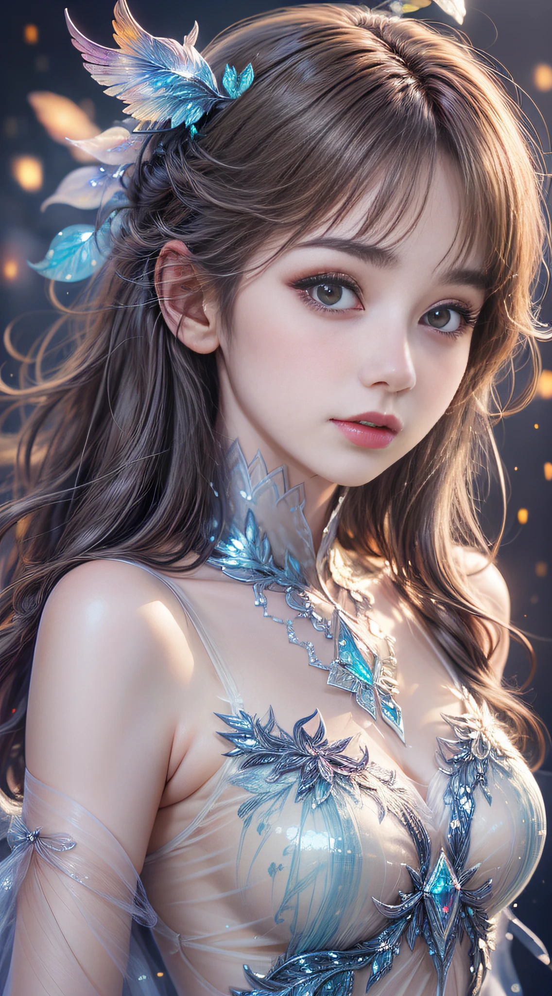 Beautiful girl story wrapped in love, Beautiful eye details, A captivating anime girl gracefully emerges from the pages of a watercolor painting, Her vivid and complex colors are, Bring your artwork to life, (see-through transparent clothes, transparent costume:1.5), She dons an extraordinary fantasy costume adorned with delicate details, reflecting the enchanting world she inhabits, Luminescent elements, like glowing crystals and ethereal wisps, surround her, casting a soft, otherworldly glow, The style of watercolor painting is、Imbues the image with a sense of fluidity and delicacy, as if the colors are effortlessly blending and bleeding into one another, Camera shot: medium shot, Soft Focus, luminescent glow Lighting, watercolor brushstrokes, Sophisticated and very delicate anime illustration, unique colors, Portrait of an anime girl, infinite love, rainbow-colored, beautiful girl illuminated by seven colors of light,