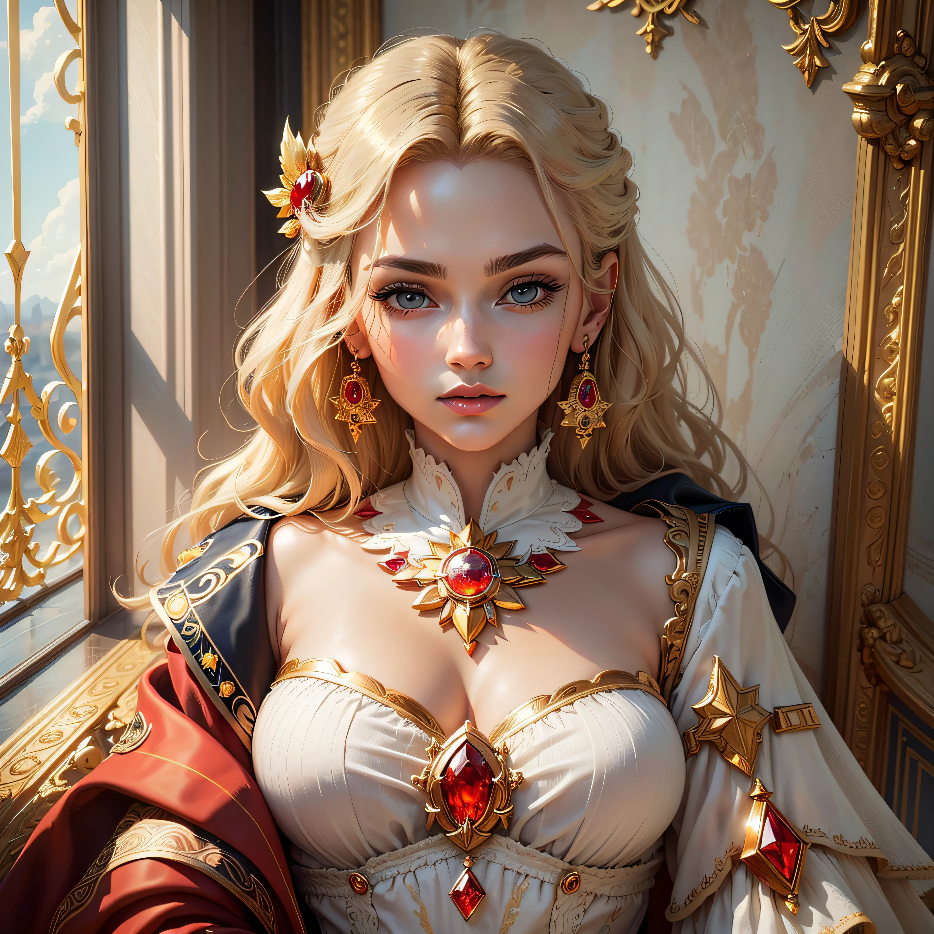 Noble, Gold and silver jewelry, queen, , Charm, Fresh and pleasant, Sunshine, rich details​, Golden clothes, ,Deep eyes, Shiny, Orange eyes, Pale yellow hair, correct attitude, dignified --auto