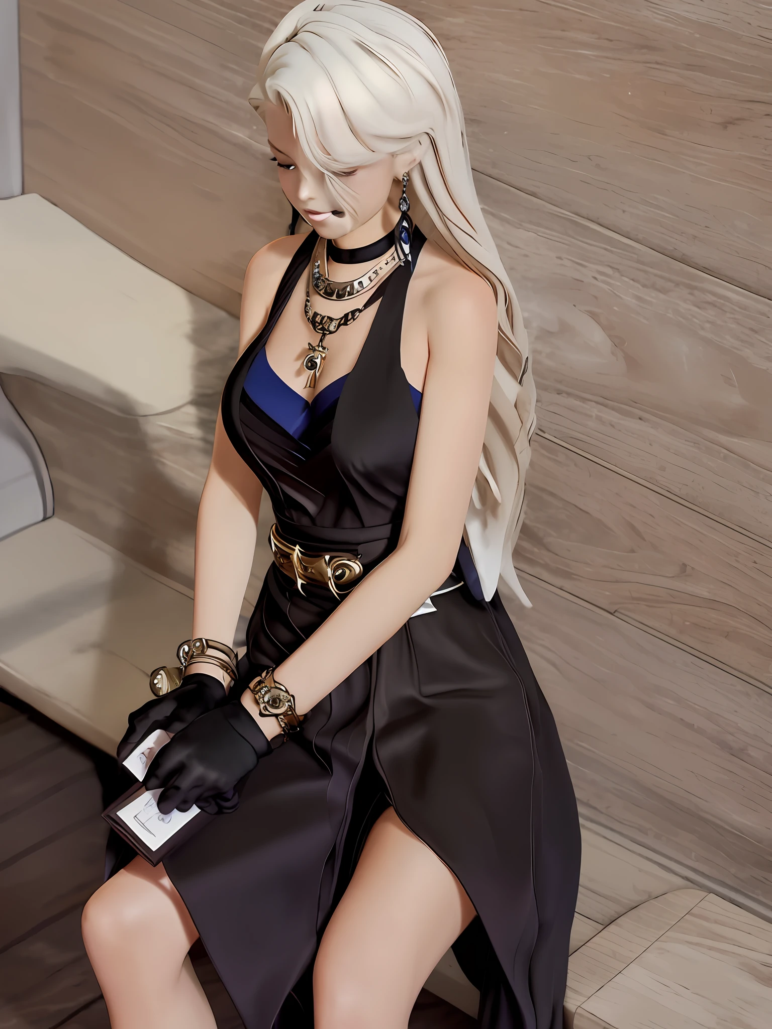 Girl with long white hair and black dress, Lolita White Silk with a soft expression, sitting and reading