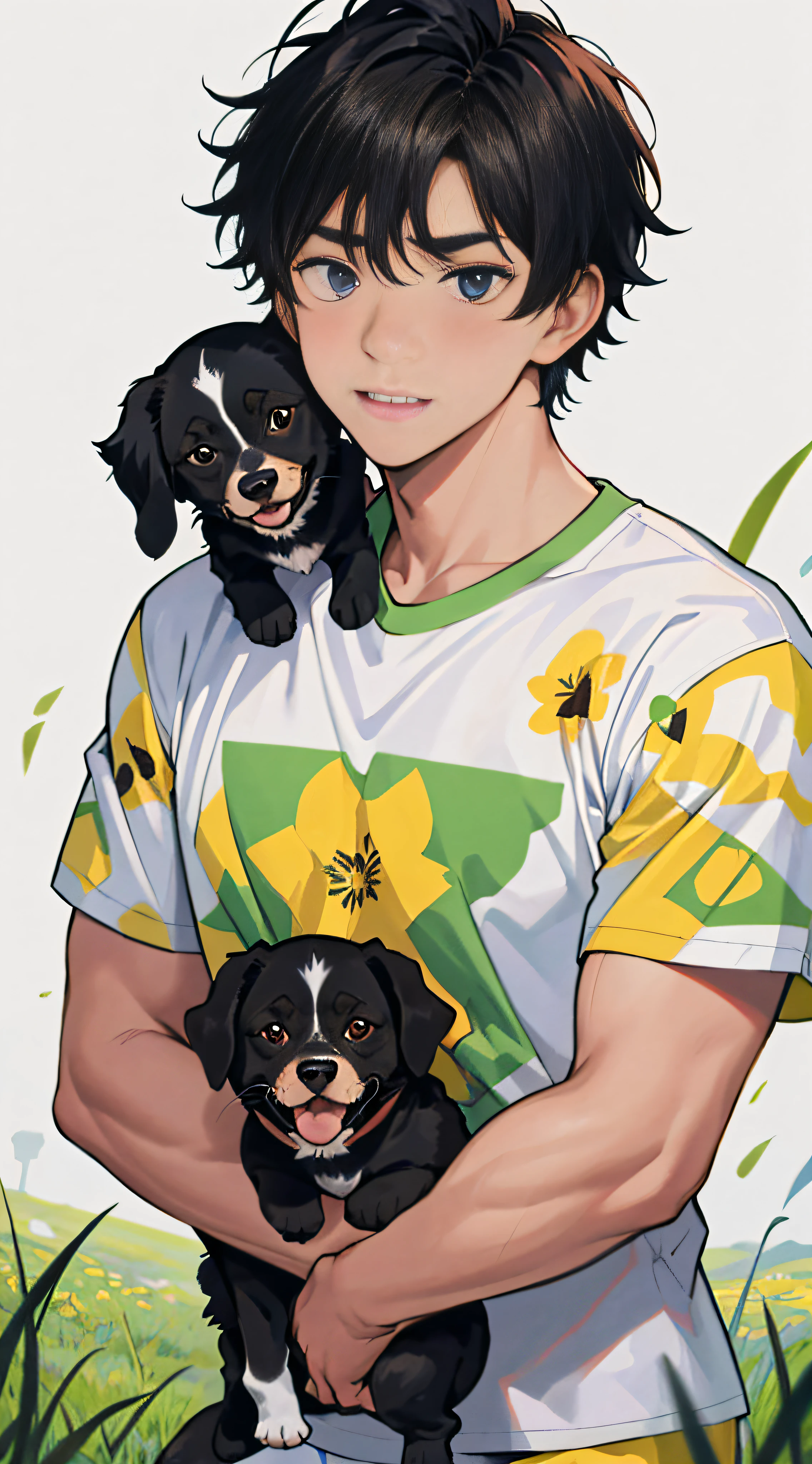 primitive,8K,high qulity,(1 man:1.2),with a round face,white short sleeve,simplebackground,grassy,florals,Pet dogs