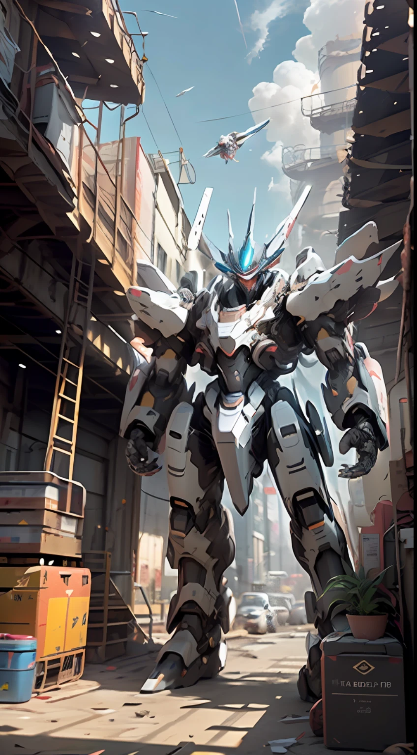 ((Best quality)), ((masterpiece)), (highly detailed:1.3), 3D, beautiful, (cyberpunk:1.2), in space, nebula, holding_weapon, (1Female mecha:1.3), facing the viewer, glowing eyes, full body, (flying, swooping down, dynamic, motion blur: 1.4), (huge mecha wings: 1.6), looking up, glowing_eyes, mecha, panorama, background is earth, nebula, space, particles, reality, HDR (High Dynamic Range), Ray Tracing, NVIDIA RTX, Super Resolution, Unreal 5, Subsurface Scattering, PBR Texturing, Post Processing, Anisotropic Filtering, Depth of Field, Maximum Clarity and Clarity, Multilayer Textures, Albedo and Specular map, Surface shading, accurate simulation of light-material interaction, perfect proportion, Octane Render, two-tone lighting, large aperture, low ISO, white balance, rule of thirds, 8K RAW, efficient sub-pixel, sub-pixel convolution,