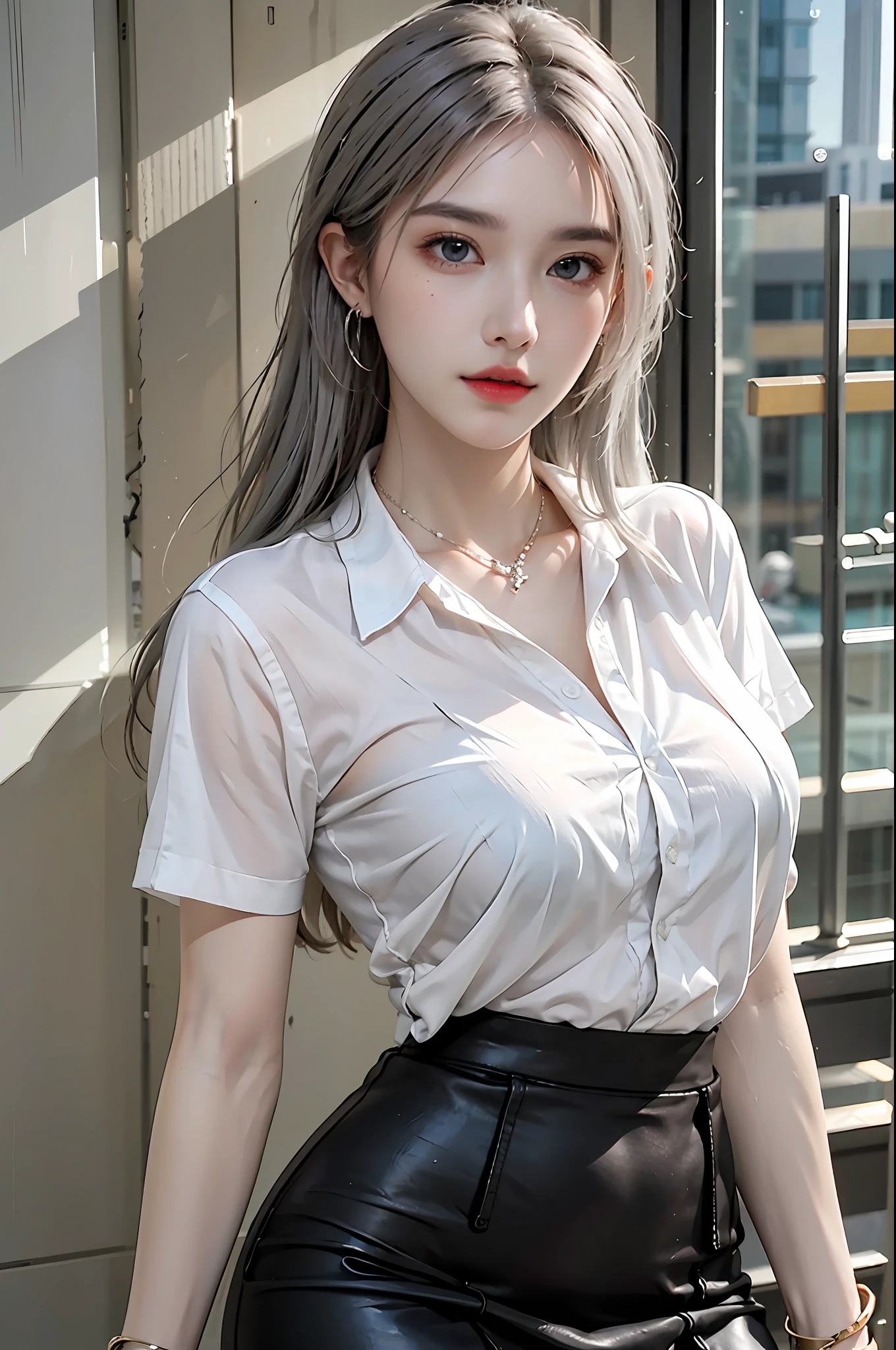 photorealistic, high resolution, 1 girl, hips up, beautiful eyes, white hair, medium breast, white button shirt, collared shirt, black pencil skirt, streetwear, bracelets,elegant necklace, elegant diamond earrings