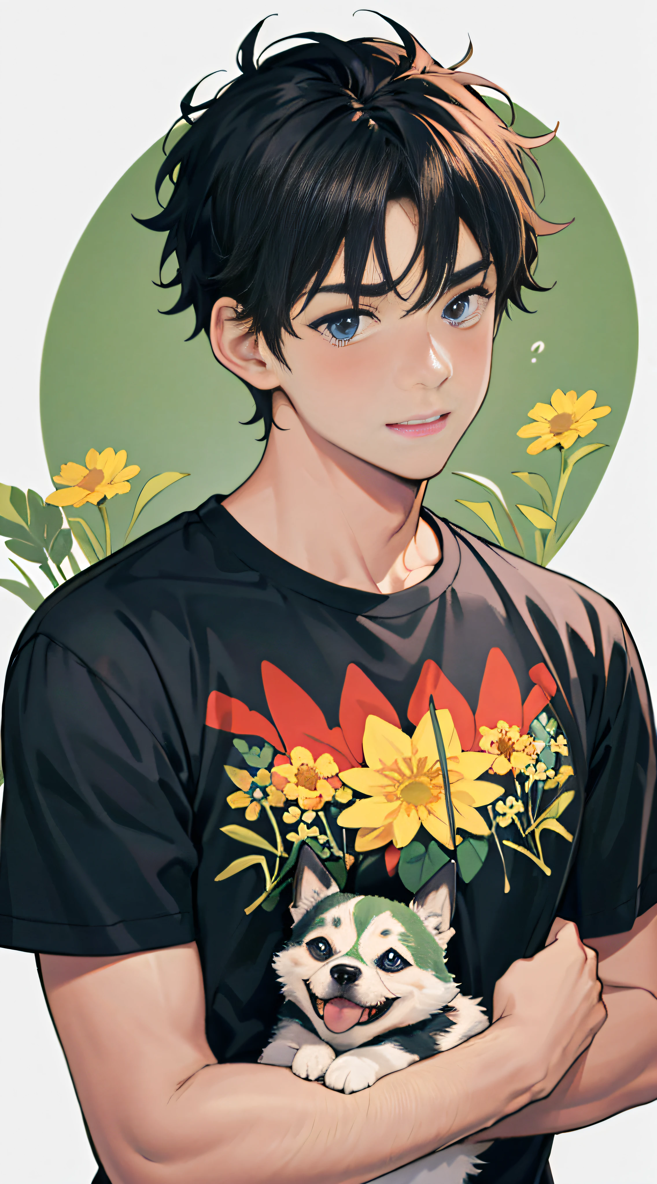 RAW,8K,high qulity,(1 man:1.2),with a round face,white short sleeve,simplebackground,grassy,florals,Pet dogs