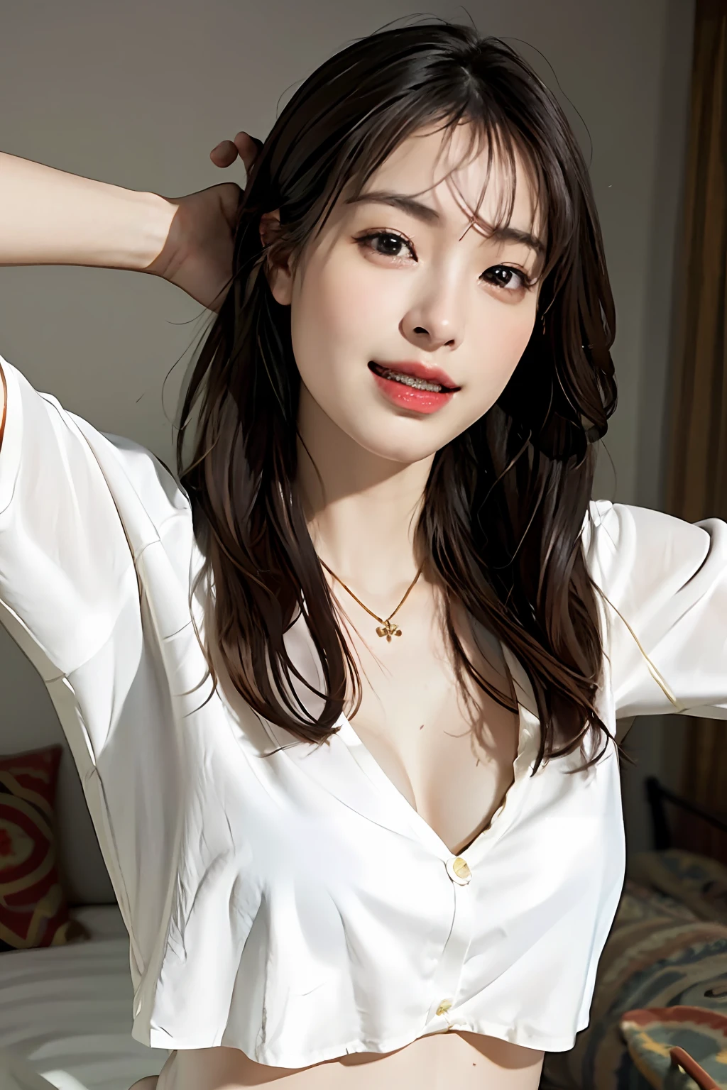 masterpiece、top-quality、realisitic、(A hyper-realistic), (illustratio), (hight resolution), (8K), (ighly detailed), (The best illustrations), (beatiful detailed eyes), (top-quality), (ultra-detailliert), (masterpiece), (wall-paper), (详细的脸), a bed、Upper body close-up,Armpit, Angel Lip,Plump,独奏,(Wearing a plummeted open shirt of white silk:1.5), full of sweat, japanes, large full breasts, (camel's toe)、huge-breasted、Luxury living room、Detailed white teeth、ultimate beauty girl、No bra、(Thick necklace of gold)、perfect teeth、Brown hair、Light makeup、Navel、