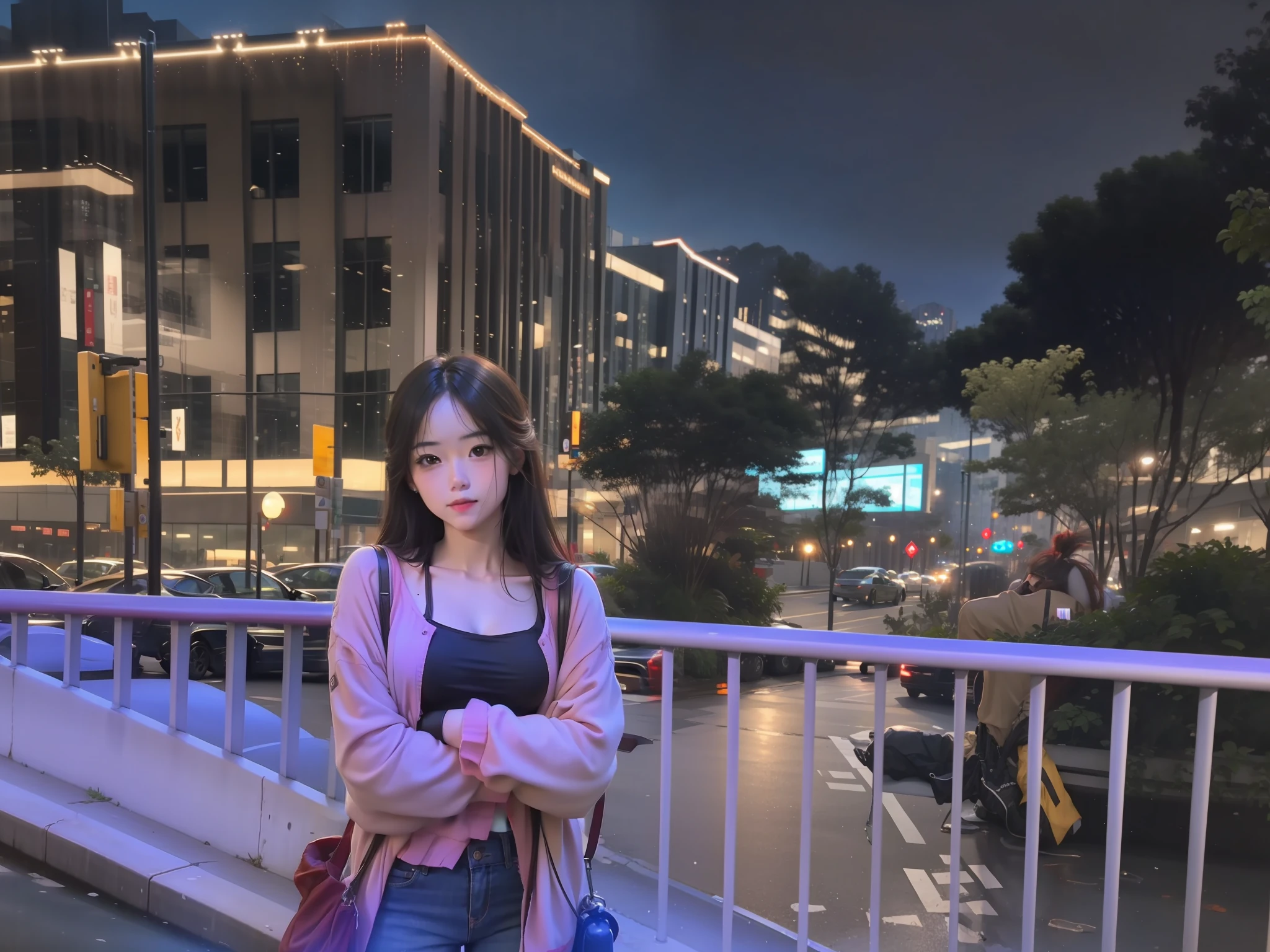 a  beautiful female，with fair skin，nighttime scene