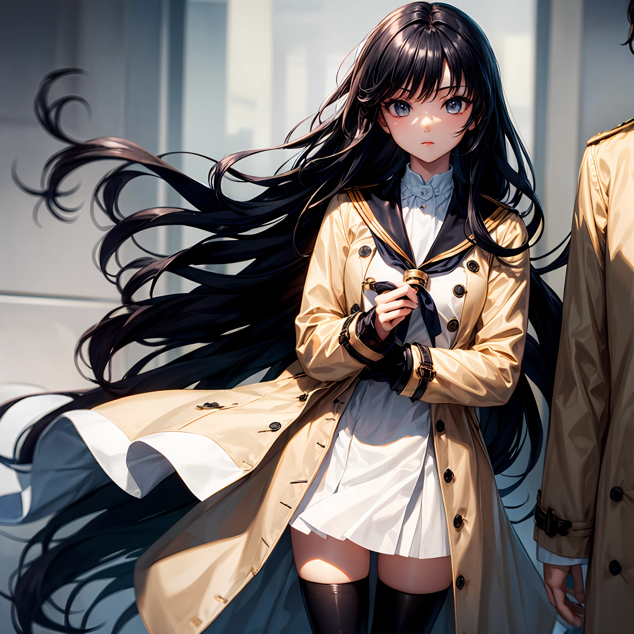 Long black hair，Wear a gold trench coat and a white sailor suit，A pretty girl，Exquisite，Black colored eyes，Black stockings，A dull hair