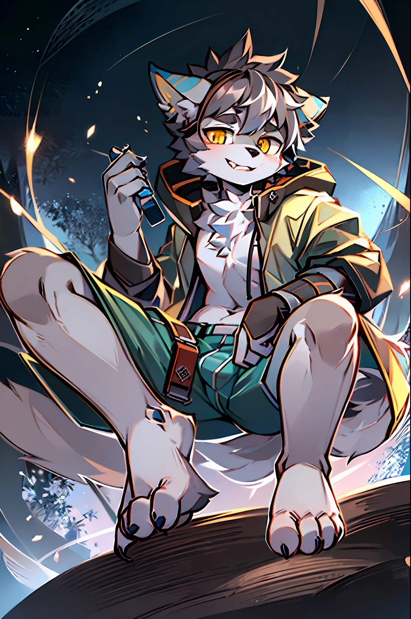 lewd eyes, in a panoramic view，Character focus，Full body like，独奏,solo person， Correct human anatomy。male people，Furry male wolf（Dragon and wolf combined），Yellow eyes，Redskin，A pair of dragon wings, Gray hair(The long），Wear white ear headphones，There is a pair on the forehead（Little big breasts柄）Blue horn fluorescence，In the forest，the night，starrysky，Sit on the treetops，Take control of the magic，Ice floating all around，White down jacket，grey shorts，Sports socks（Bare toes），Looking at the night sky，ssmile，DOA，Young style，height of one meter seven，Handsome， There is a wolf tail，k hd，8K，1440*2048