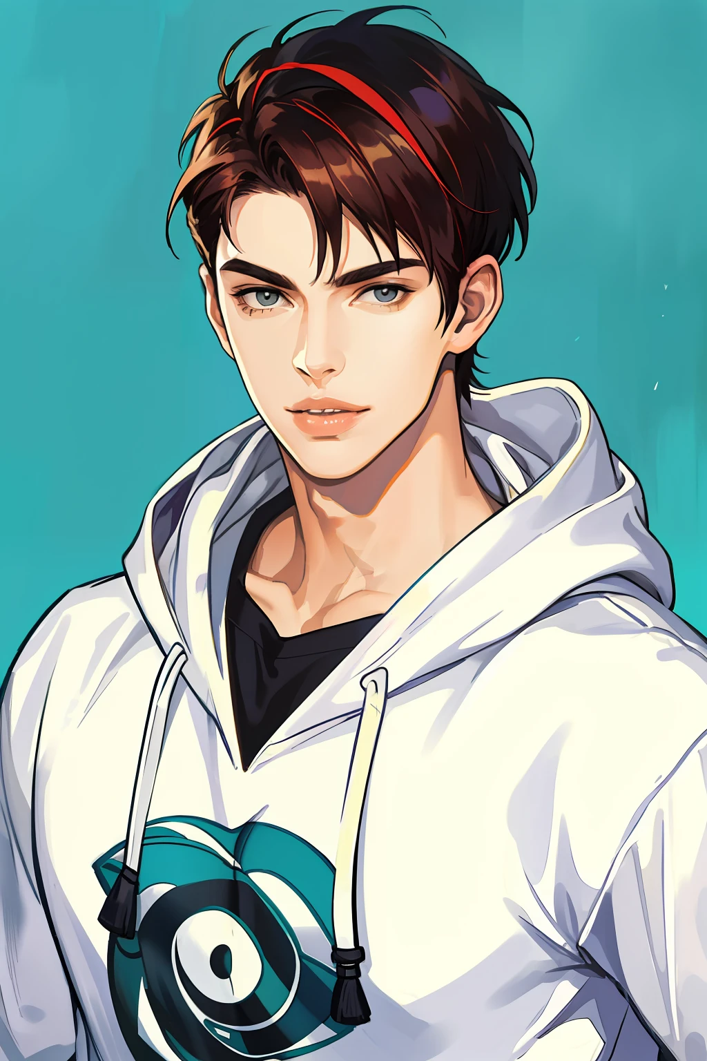 masterpiece, best quality, (realistic), 1 male, adult, tall muscular guy, broad shoulders, handsome, (very short hair:1.4), bright hair, casual clothes, oversized hoodie, portrait, angular jaw, thick eyebrows, relaxed lips, soft smile