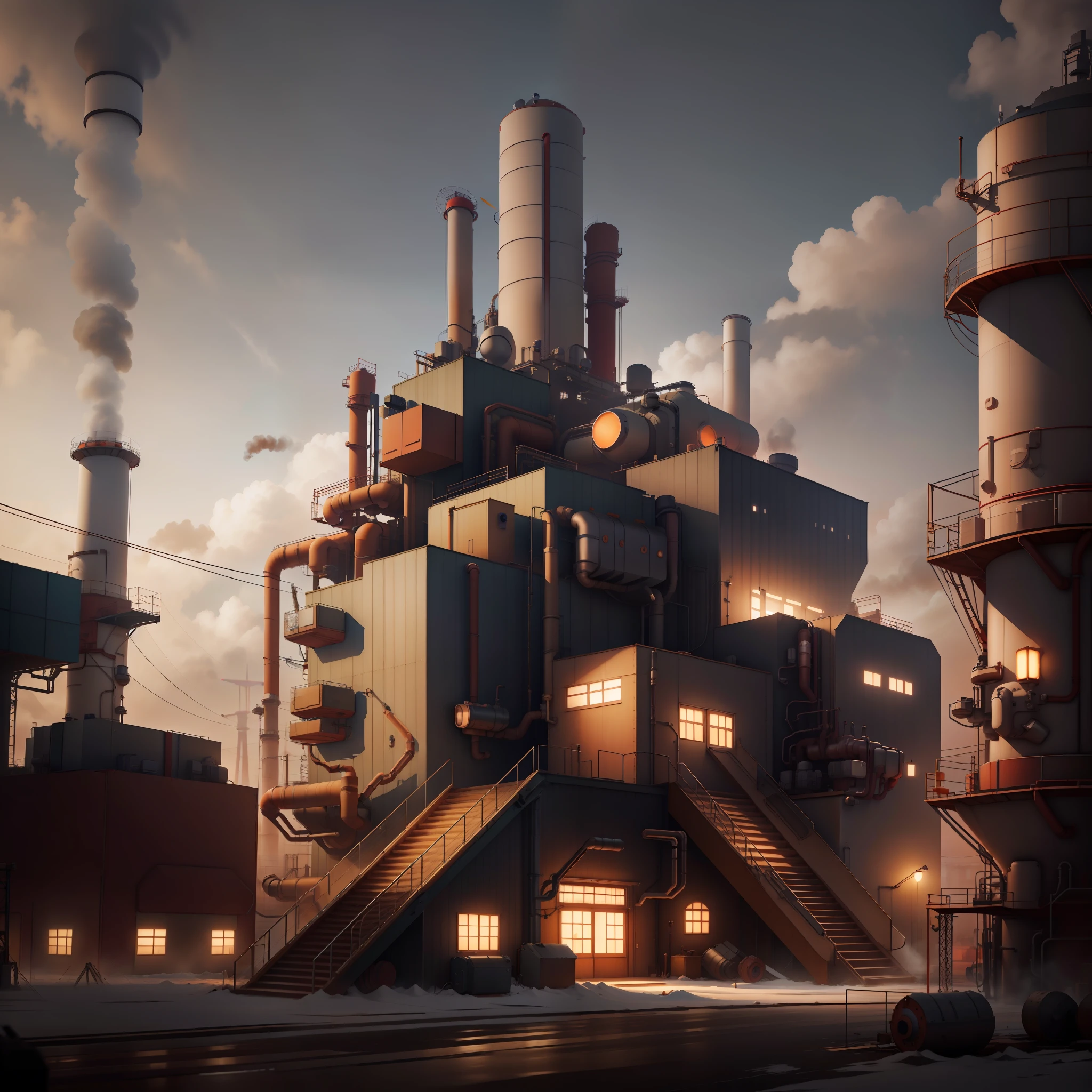 Industrial wind，C4D，OC rendering，Small factories，cold shades