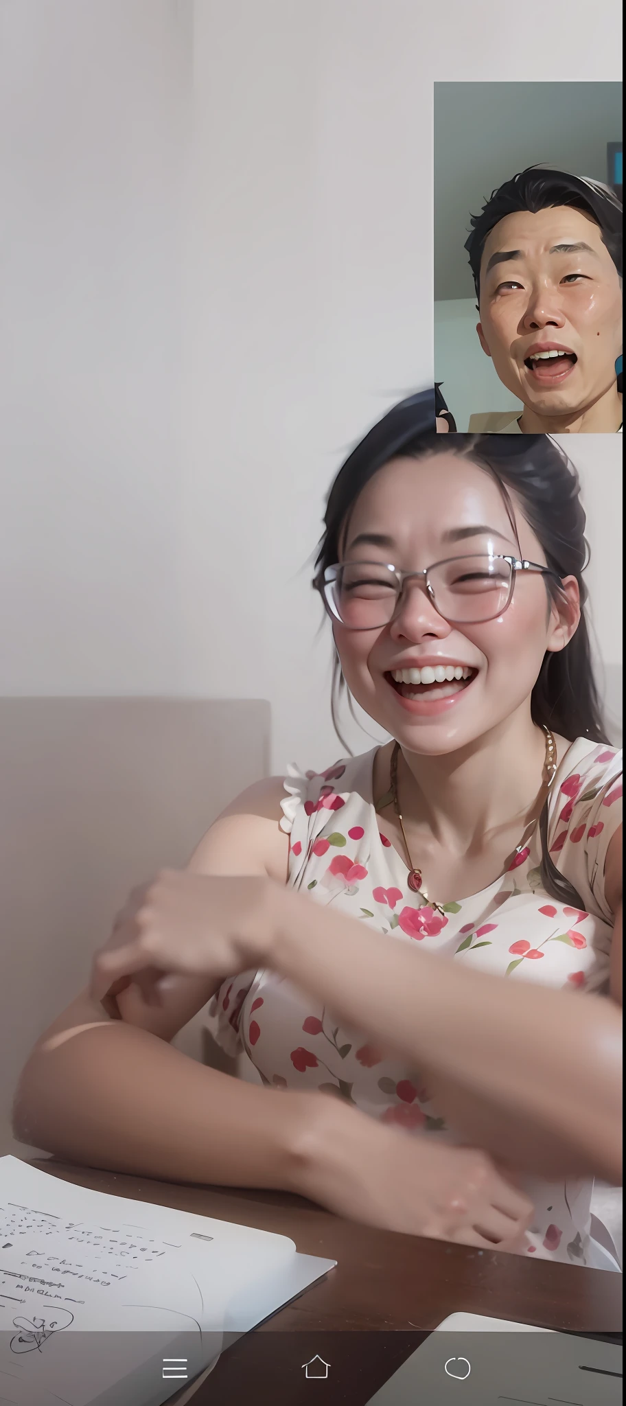 There was a woman sitting at the table,holding laptop,There was also a man on the phone, she is laughing, she expressing joy, and she smiling,Very excited, Ruan Jia and Fenghua Zhong, YouTube video screenshots, ruan jia and brom, pervert smirk, inspired by Li Fangying, both laughing, Kim Tae-joon, Laughing, delight
