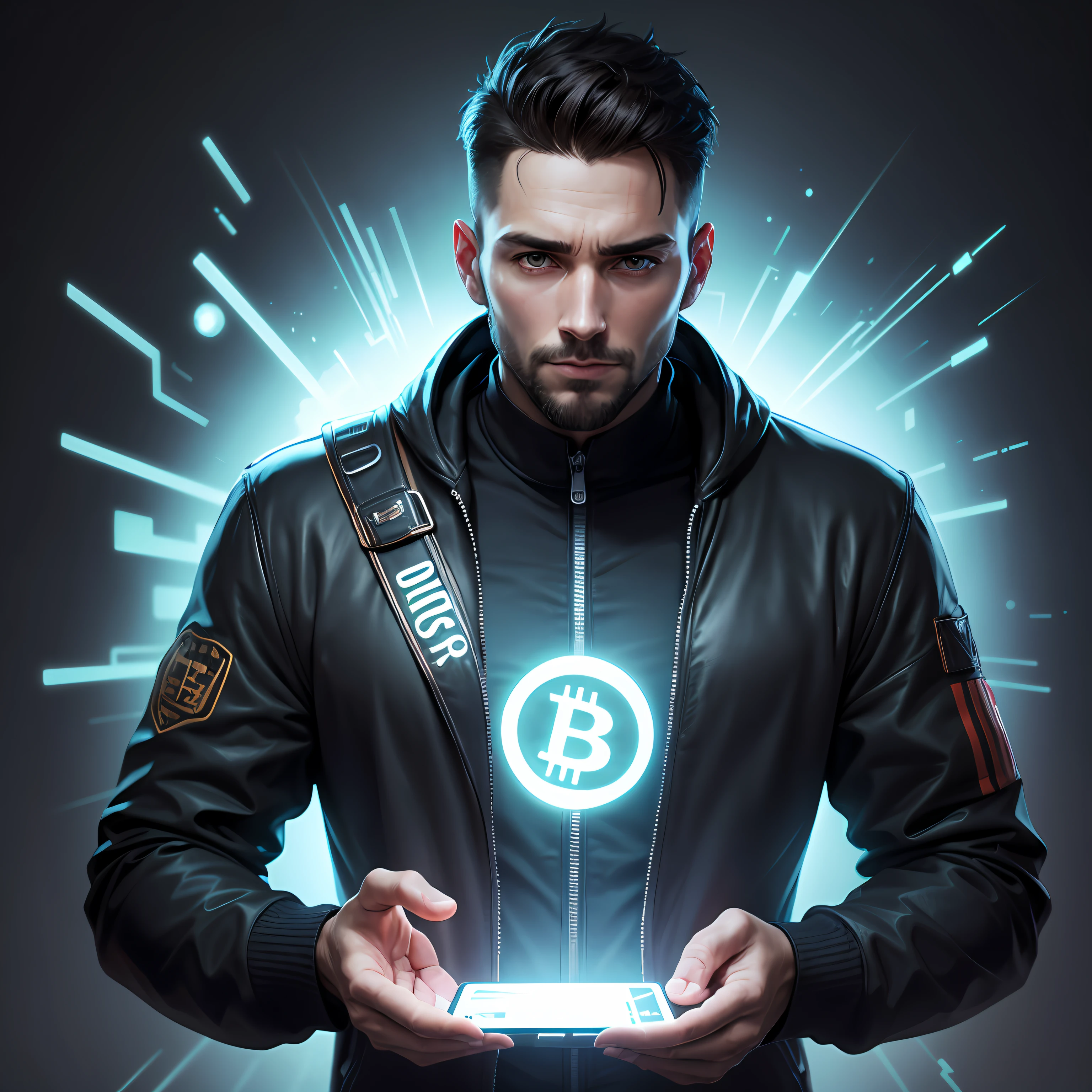 35-year-old man on a dark background with BTC in hand glowing future in 8K, Detailed image in high definition with lots of detail linking passive income, hardware inovador e revolucionario 2140, Bitcoin Mining --auto