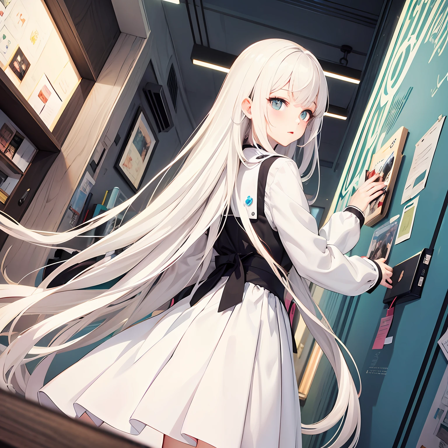 side-lighting, White color hair, the wallpaper, Cartoony, Anime style，shift dresses，long whitr hair --auto