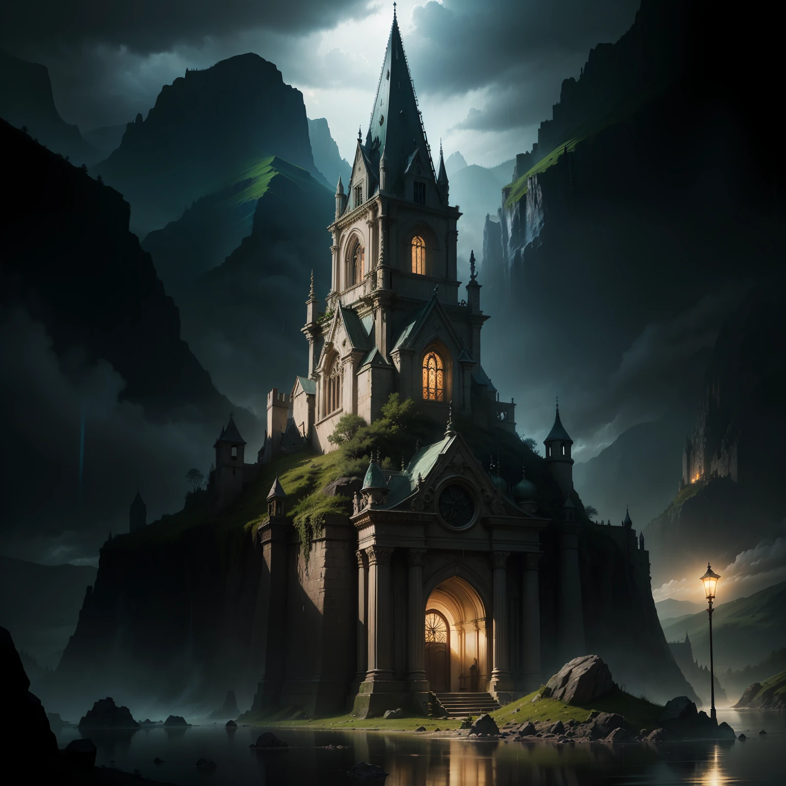 Divine Light, Sharp Focus, Elf, Elf Building, Elven City, Royal City, Stunning Landscape, Landscape, Landscape, Rain, Dark Fantasy, Suspense --auto