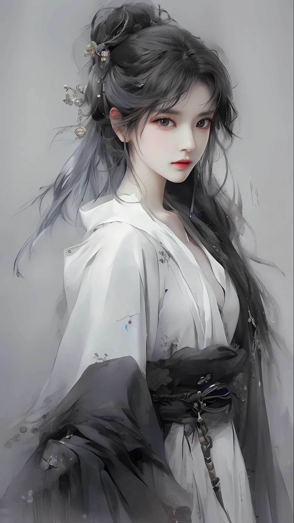 A painting of a woman with long hair in a white dress，Belle peinture de personnage，Guviz，Guviz-style artwork，Peng Xiaoran Guvitz's masterpiece，Peng Xiaoran，a beautiful anime portrait