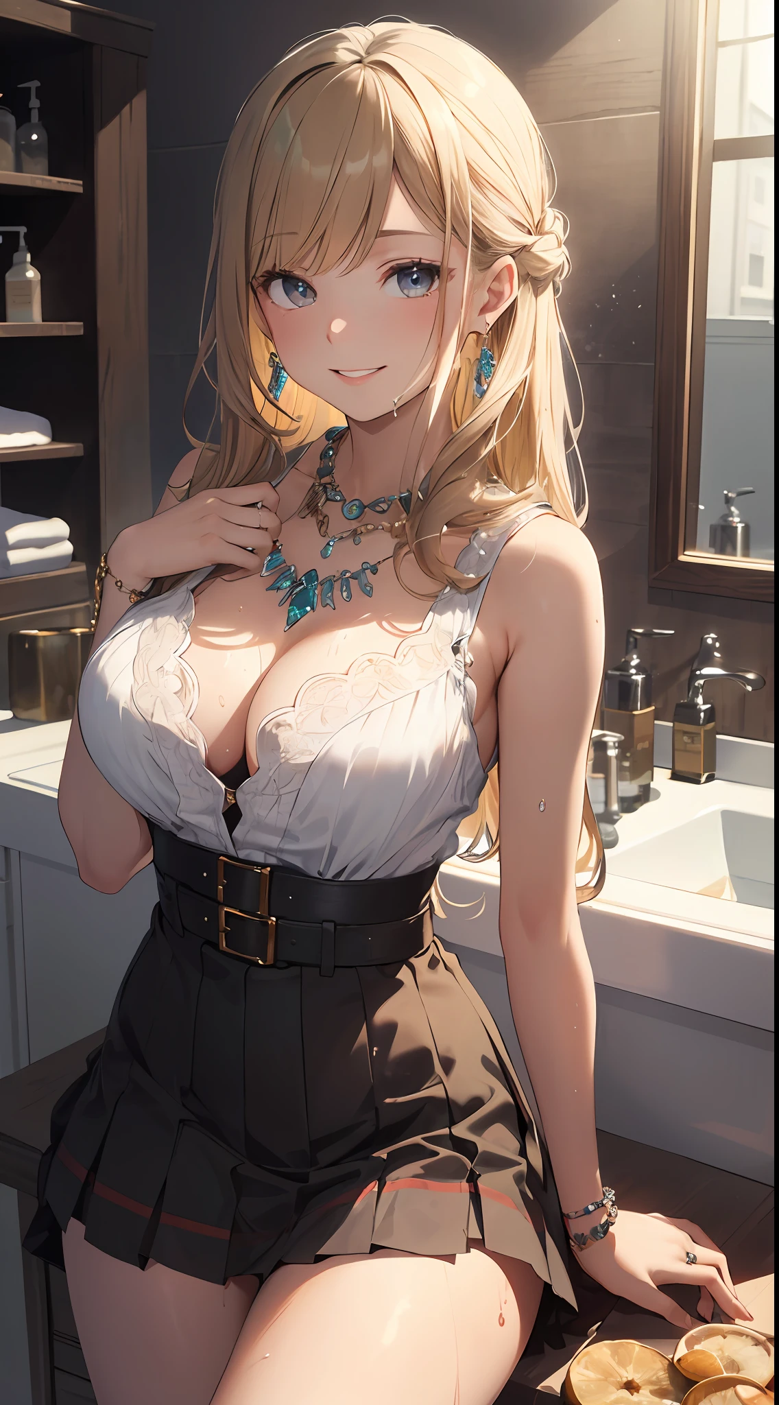 ((masterpiece best quality:1.4)), ((masutepiece, Best Quality)), (The 8k quality), (Detailed background:1.3), (Detailed face:1.3), (The cutest teenage idols:1.5),Beautiful portrait、Delicate body,Wet ruffled blouse,Long Check Skirt,exposed breast、Flipped skirt、sexy underwear、garterbelts、Vintage, Long Blonde Hair,Cinematic Light,Little smile,tilt the neck、Lying on your back in the bathroom、Sunlight、Rainbow glow, Beautiful Glow,Luxurious earrings, Luxurious necklace,Luxurious rings、Shy smile、red blush、