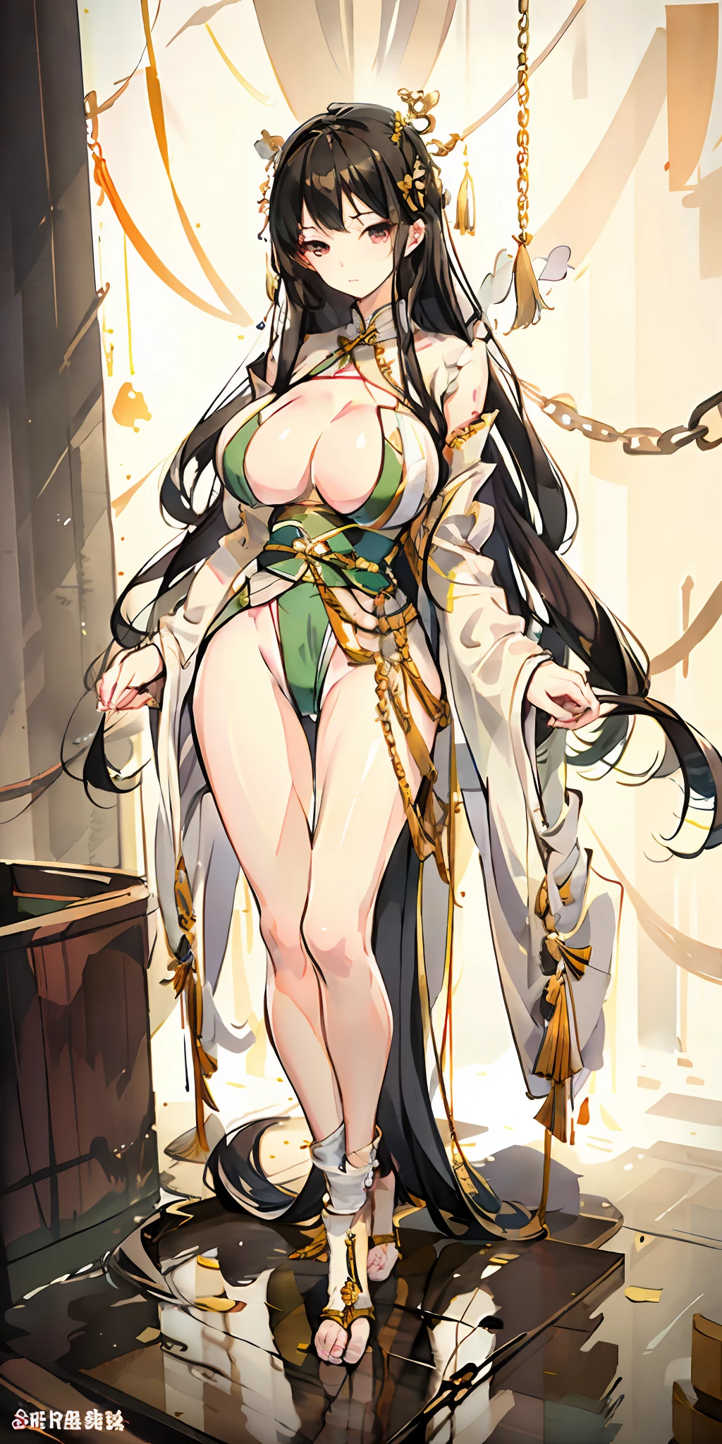 Beautuful Women,Raised sexy,huge tit,cleavage,show legs,Perspective 1.2 times,(Chained),arms stretched wide,standing on your feet,Hanfu,Drenched,Pubic area is clear,photorealestic,highest details