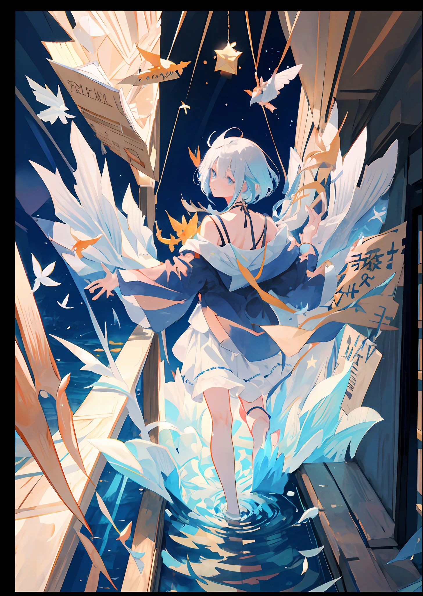 A dreamy background running water, s tarry sky, A moving fish,, cardboard. T housand Paper Cranes, broken, star, Form being quoted，the golden ratio，Symmetrical