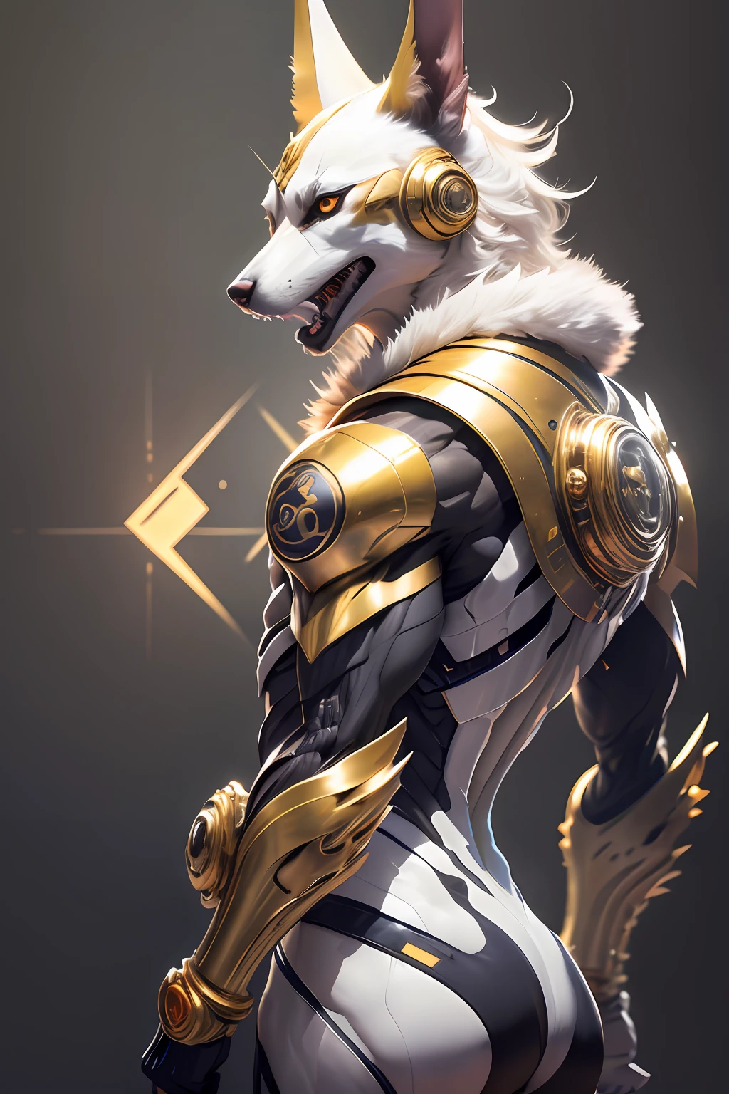 ((simple background)), 1man, godanubis, upper body. side-view, open mouth, cowboy-shot, glowing eyes, mechanical body, cyberpunk, mecha, cyber, robot. white-head. golden-blue-body, godanubis-head, anubis-head, dog-head, fur,