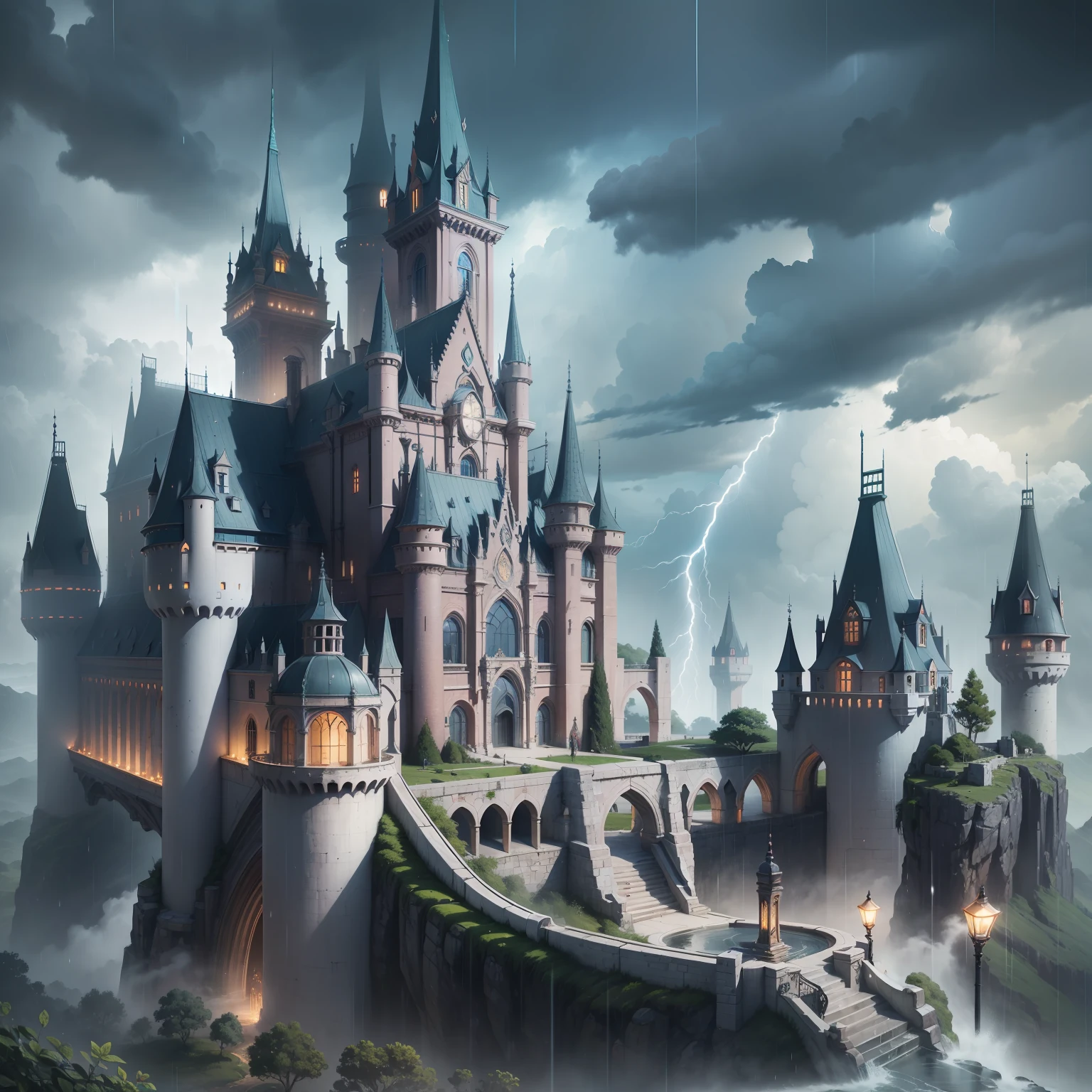 Divine Light, Sharp Focus, Elf, Elf Building, Elven City, Royal City, Stunning Landscape, Landscape, Landscape, Rain, Dark Fantasy, Suspense --auto