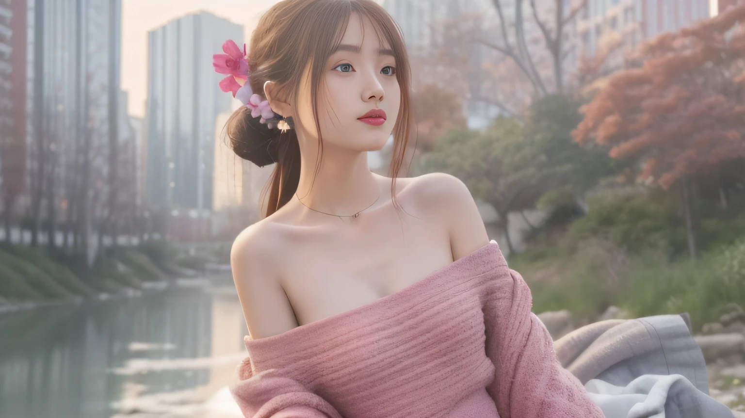 best qualtiy,8k,32k,tmasterpiece,UHD:1.2),Beautiful Japanese woman in the photo,mediuml breasts,long whitr hair,The upper part of the body,Wear a loose white deep V sweater,No underwear,sface focus,oversized_sweater,necklace gold,simple backgound,from the above,looking at viewert