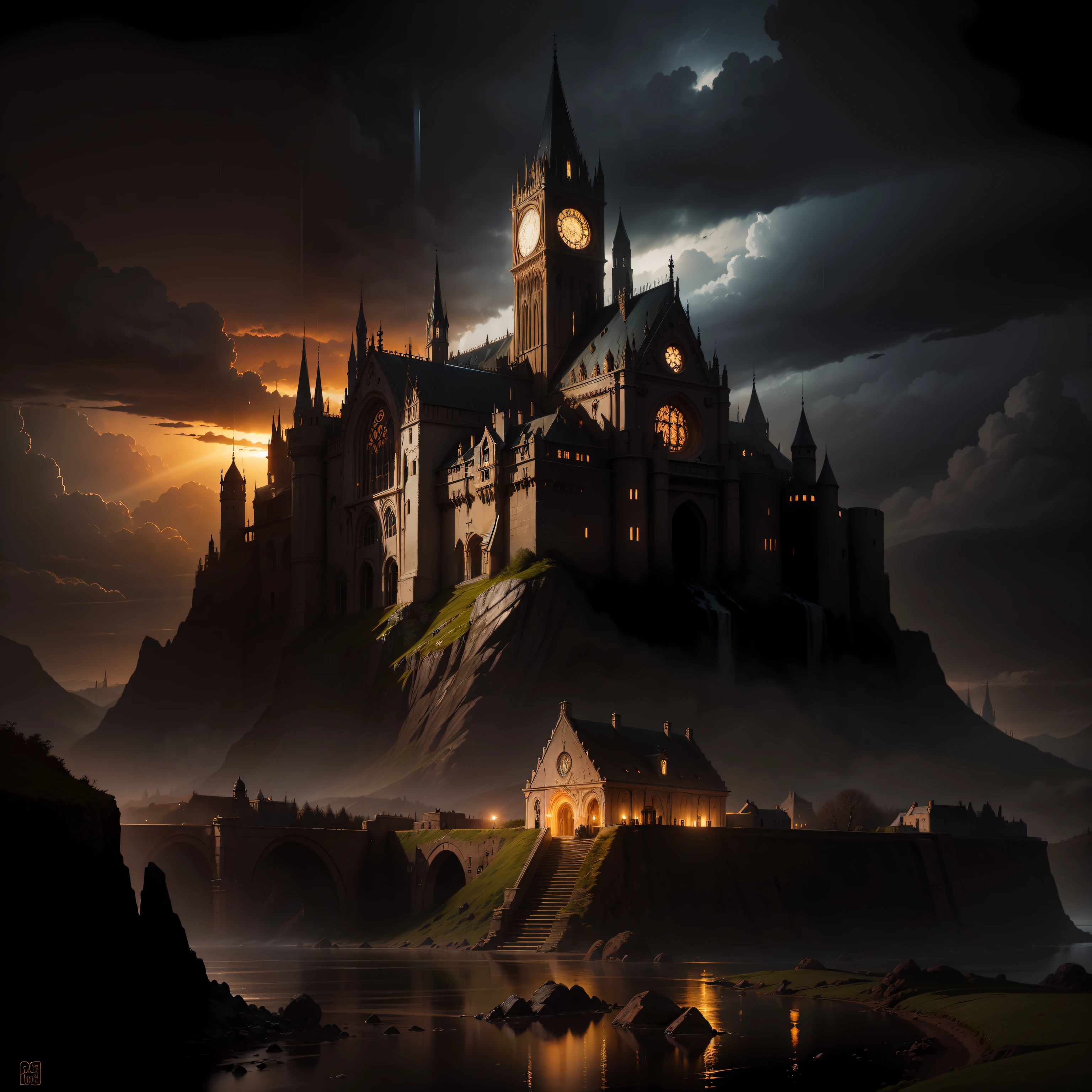 Divine Light, Sharp Focus, Elf, Elf Building, Elven City, Royal City, Stunning Landscape, Landscape, Landscape, Rain, Dark Fantasy, Suspense --auto