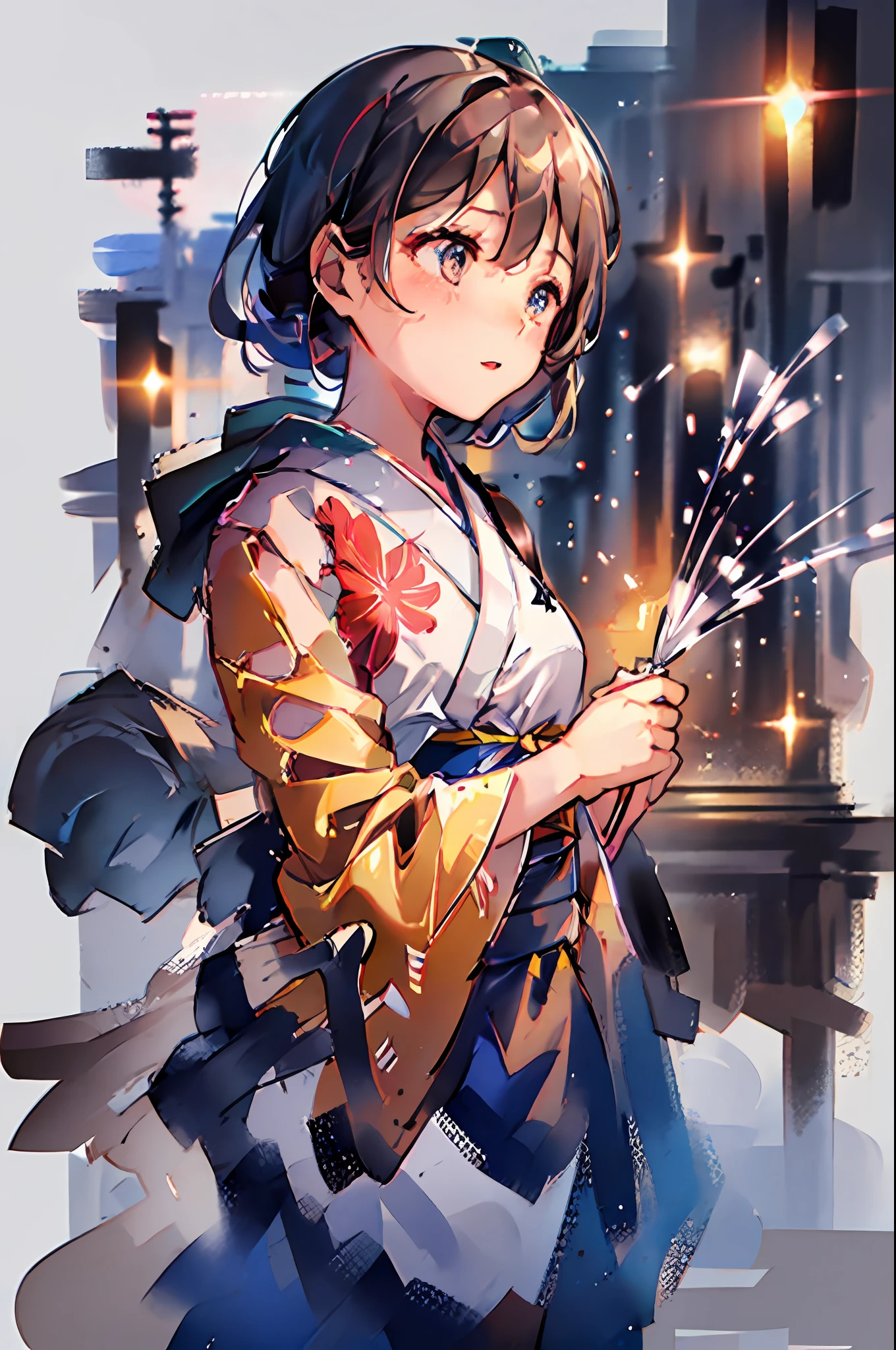 In the illustration, In the center is a fair-skinned young woman, (Look up at the giant fireworks.) She was wearing a kimono and、、、Her eyes are shining. Images are of high quality.
