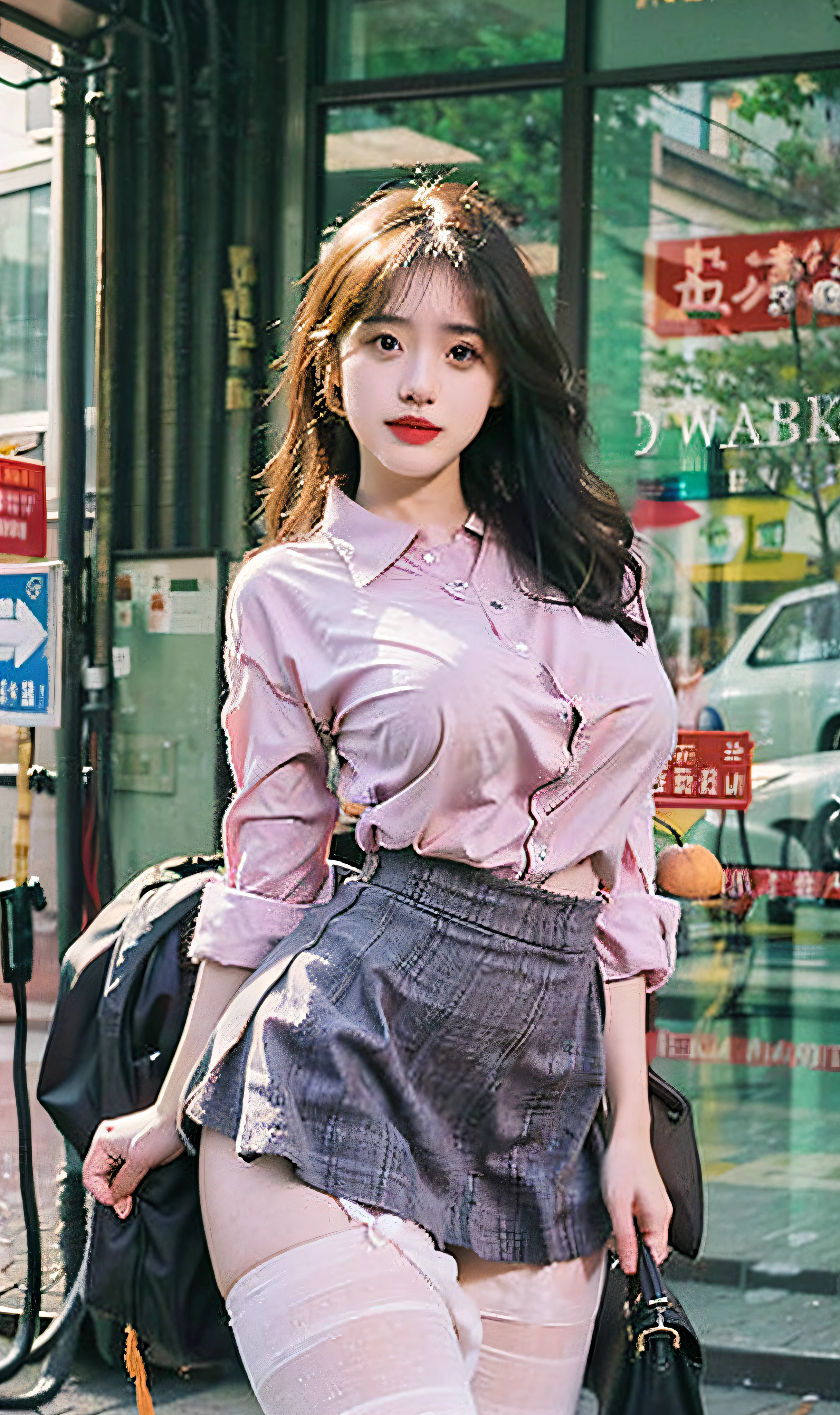 ulzang-6500-v1.1,(RAW photogr:1.2), (Photorealistic:1.4), Beautiful Meticulous Girl, Very detailed eyes and face, Beautiful detailed eyes, absurderes, unbelievable Ridiculous, hugefilesize, ultra - detailed, A high resolution, The is very detailed,best qualtiy,tmasterpiece,,illustratio,The is very detailed,CG,unified,8k 壁纸,Amazing,finely detailled,tmasterpiece,best qualtiy,greatly detailed的 CG unified 8k wallpapers,light in face,cinmatic lighting, 1girll, 16 years old,Long white hair,lateral division,(large tities),((No panties)),(wears glasses),(((dynamicposes))),(((sexyposture))),(Half-body),((White pantyhose)),(((Apricot skirt wrapped around hips))),White color blouse