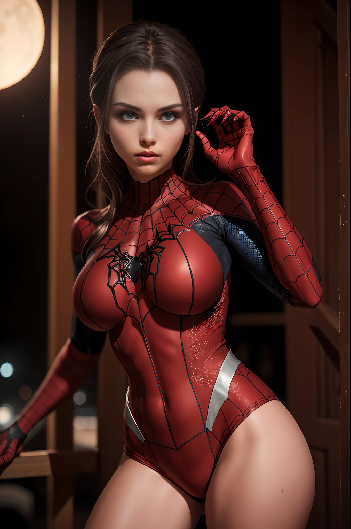 a photo of an attractive S033_RileyGuava, as (Spidergirl:1.1), (nighttime:1.3), (8k, RAW photo, best quality, ultra high res, photorealistic, masterpiece, ultra-detailed, Unreal Engine), perfect hands:1.2, perfect anatomy:1.1