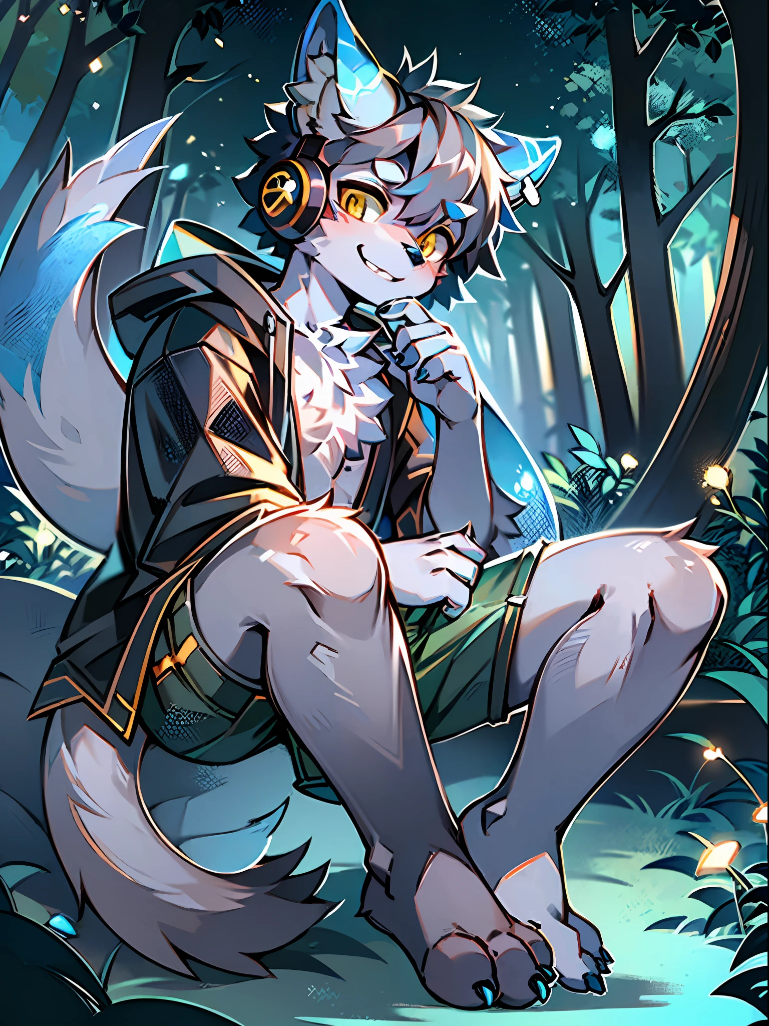 lewd eyes, in a panoramic view，Character focus，Full body like，独奏,solo person， Correct human anatomy。male people，Furry male wolf（Dragon and wolf combined），Yellow eyes，Blue skin，A pair of dragon wings, Gray hair(The long），Wear white ear headphones，There is a pair on the forehead（Little big breasts柄）Blue horn fluorescence，In the forest，the night，starrysky，Sit sideways on the treetops，Take control of the magic，Ice floating all around，grey shorts，Sports socks（Bare toes），Looking at the night sky，ssmile，DOA，Young style，height of one meter seven，Handsome， There is a wolf tail，k hd，8K，1440*2048