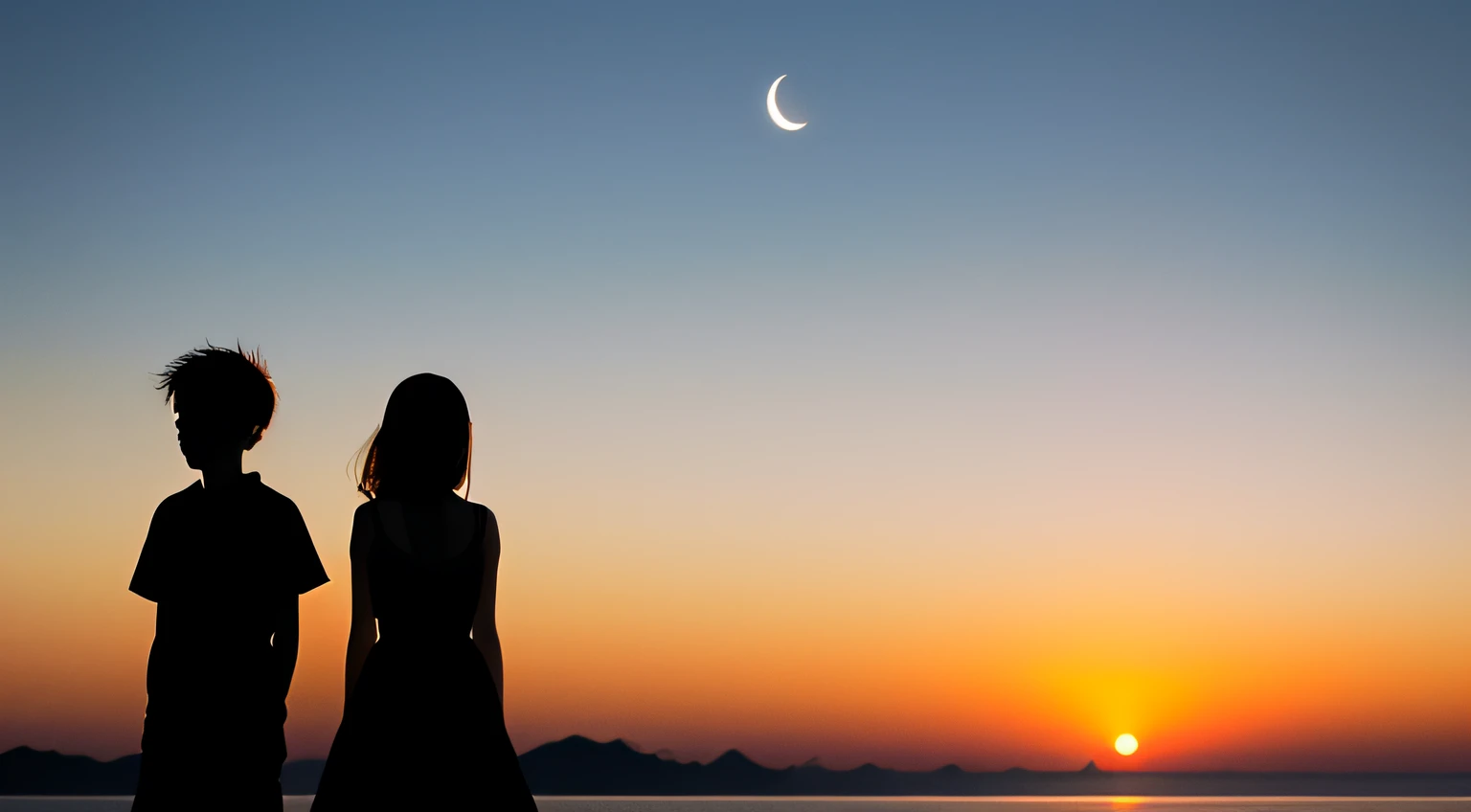 (silhouette, minimalist, black and white):0.8, (two figures:1.2, a boy and a girl:1.2), V-shape fabric, standing on the edge of the cliff, sunset, horizon line, crescent moon, starry sky, calm sea. --auto