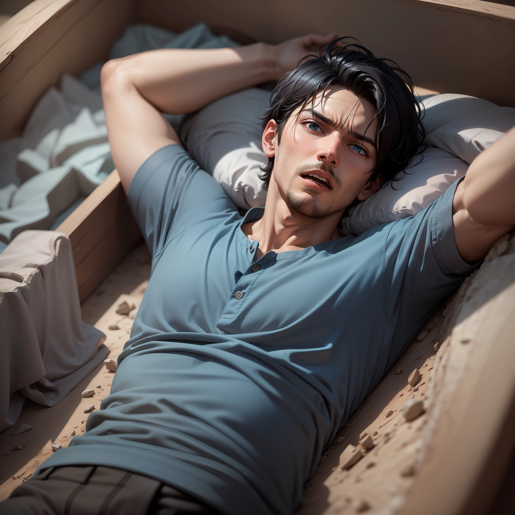 realistic image of a man with short black hair and blue clothes, buried alive, trying to get out of the coffin, arms raised, expression of effort, dark environment