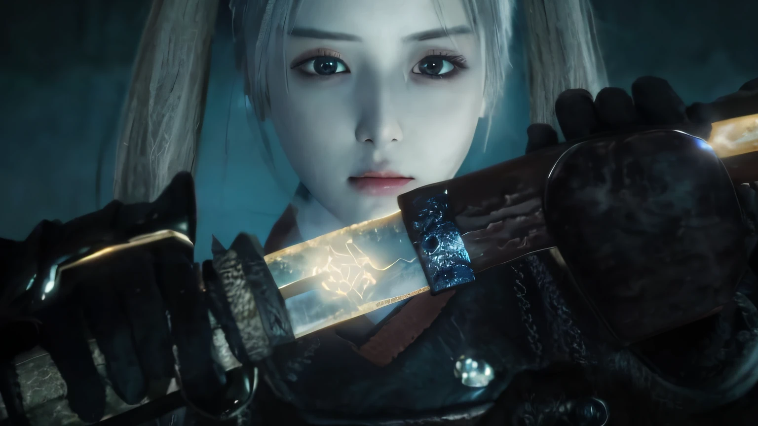 Close-up of a man holding a knife in a dark room, 4 K detail fantasy, glowing lens flare wraith girl, she is holding a katana sword, beautiful necromancer, beautiful girl necromancer, realistic fantasy rendering, photorealistic anime girl rendering, Katana Zero video game character, close up character, portrait ninja gaiden girl