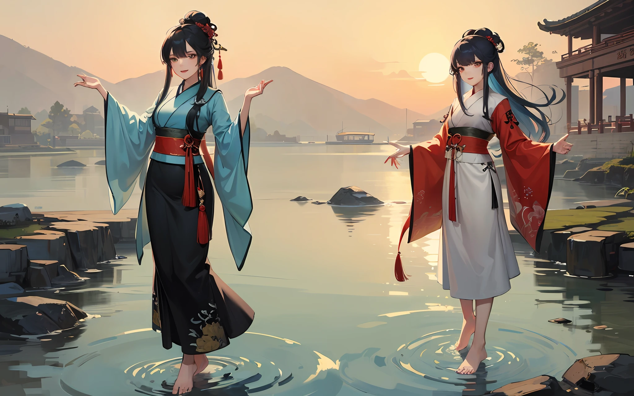 ((4k,masterpiece,best quality)), shuimobysim, traditional chinese ink painting, lotus, hanfu, maxiskit, dress conservatively 1girl, solo, long blue hair, smile, standing, feet in the water, barefoot,