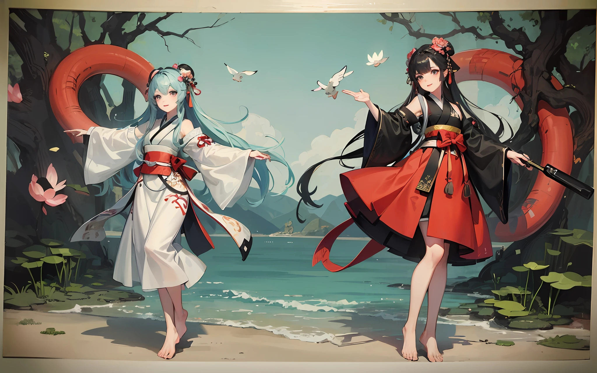 ((4k,masterpiece,best quality)), shuimobysim, traditional chinese ink painting, lotus, hanfu, maxiskit, dress conservatively 1girl, solo, long blue hair, smile, standing, feet in the water, barefoot,