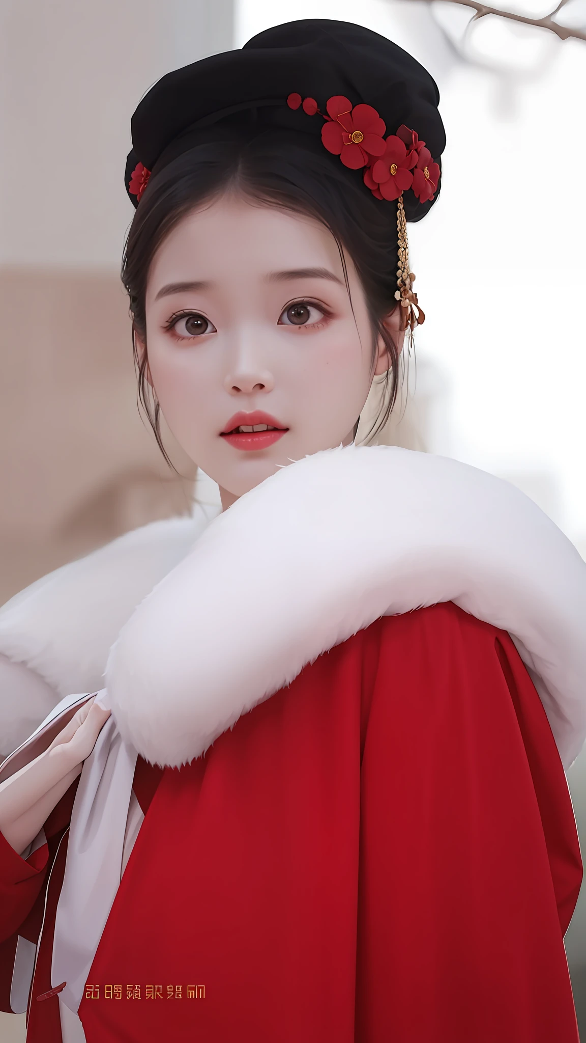 Close up of a woman in a red coat and white fur collar, dressed in a beautiful red cloak, Palace ， A girl in Hanfu, Chinese girl, China Princess, ruan jia beautiful!, gorgeous chinese models, with acient chinese clothes, shaxi, Chinese style, inspired by Ma Yuanyu, Chinese traditional, wearing red fur cloak