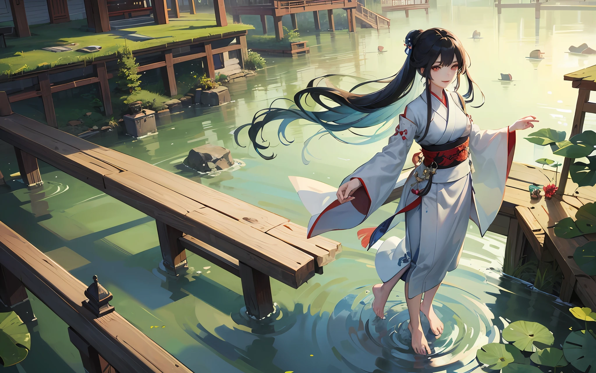((4k,masterpiece,best quality)), shuimobysim, traditional chinese ink painting, lotus, hanfu, maxiskit, dress conservatively 1girl, solo, long blue hair, smile, standing, feet in the water, barefoot,