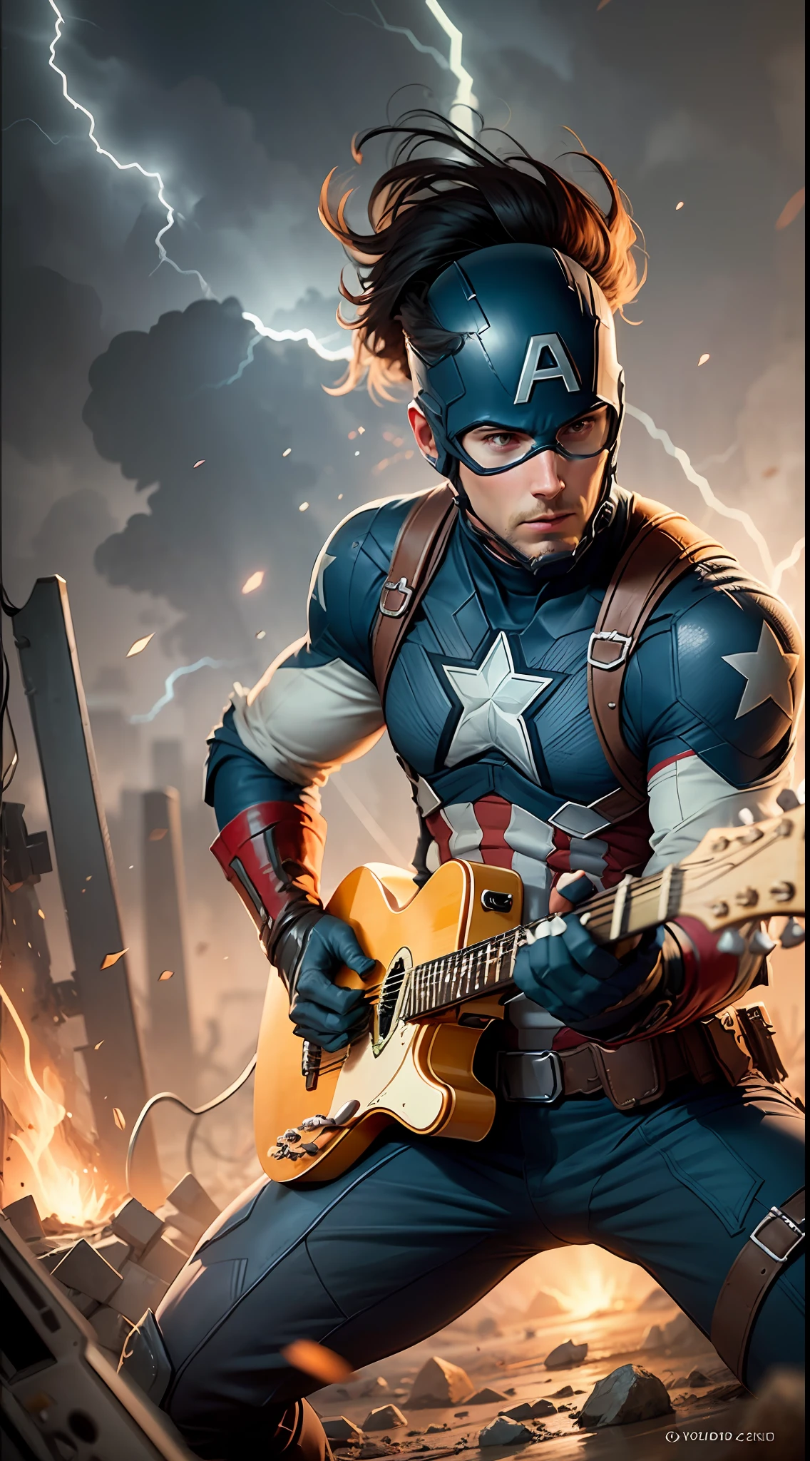 captain america plays guitar. Professional photograph of a stunning man detailed, cinematic lightning, octane render, unreal engine, volumetrics dtx