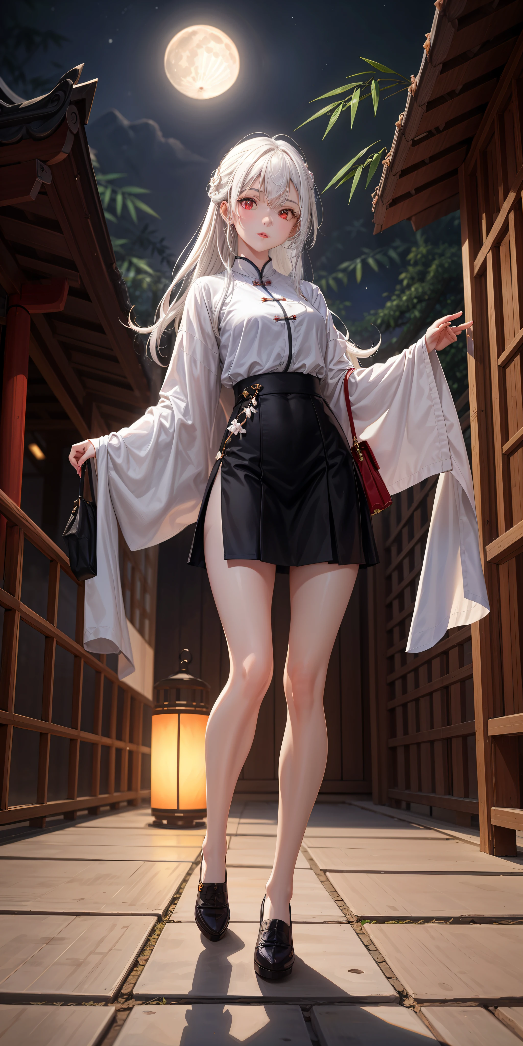 1girll,White hair,Red eyes,glowing light eyes,Cut the top,a skirt,Parting lips,Be red in the face,the night,themoon,starlights,Chinese-style courtyard,pines,bamboo forrest