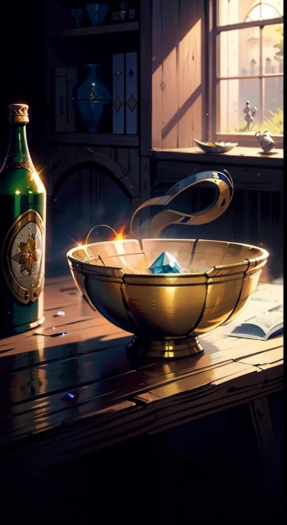 (obra-prima, Melhor_qualidade, ultra-detalhado, imaculado: 1.3), epics, illustration, Medieval Mystical Tavern, Golden bowl ordered with precious gems