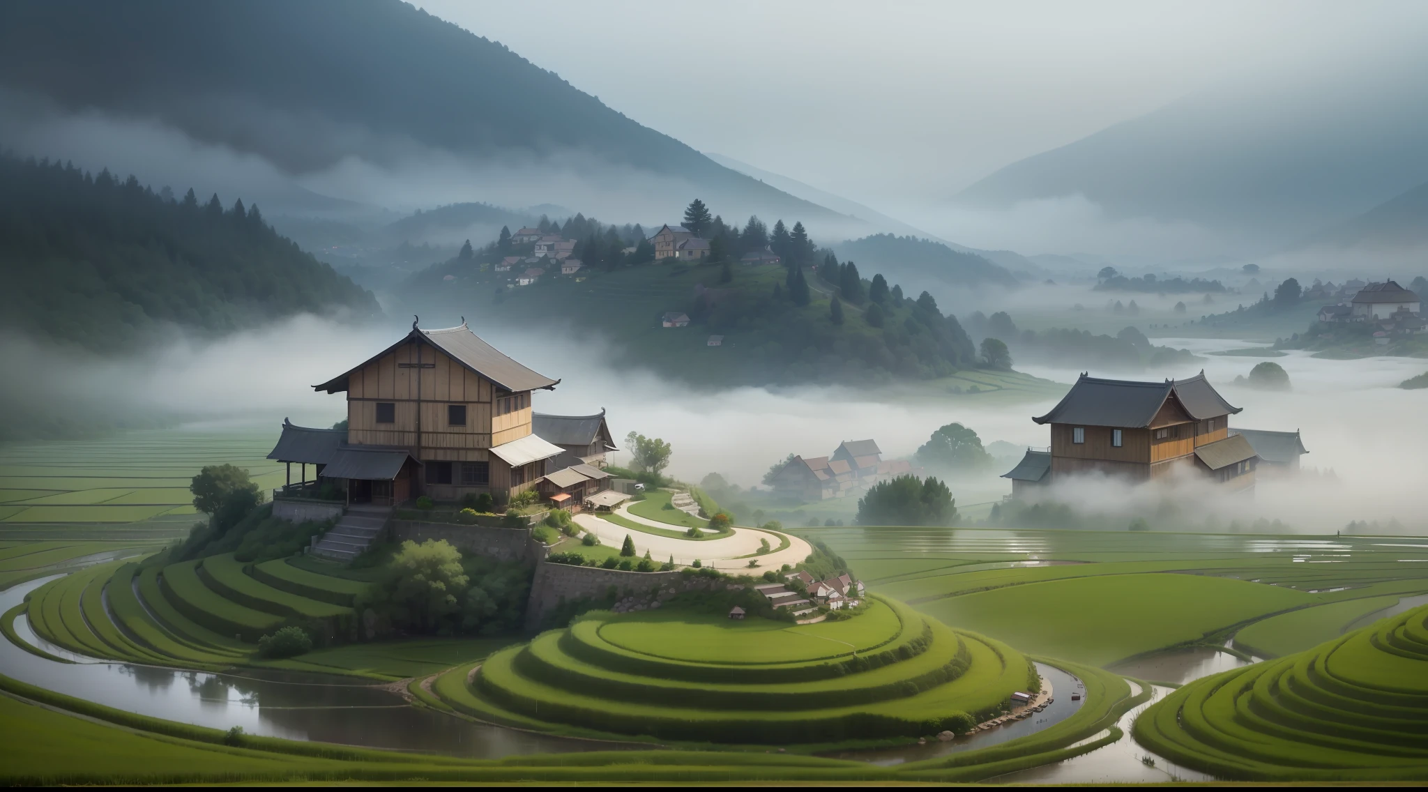 Large terraces,moutain terrain,Lodge,There are rice paddies,Rice fields,There are neat rice seedlings in the field,Foggy rain,villages,lavoura,in a serene landscape,Foggy weather,In the midst of vast tranquil landscapes,In the early morning,In the morning fog,behind a tiny village,thin fog,thatched roof --v 6